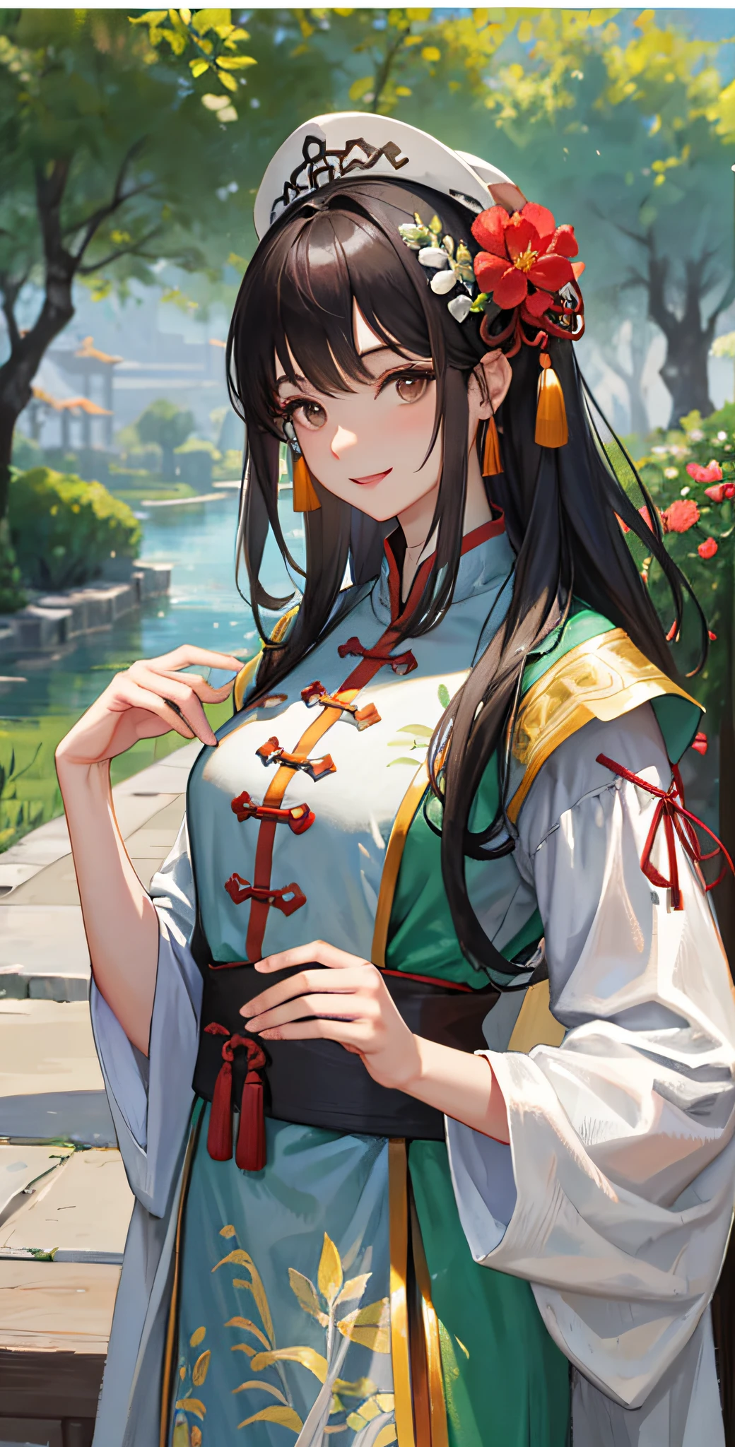 Garden as background,Portrait,Upper body,Chinese costumes,Black hair,Long gray hair,Brown eyes,standing,Smile,view the viewer,1girll,Eight Lakes