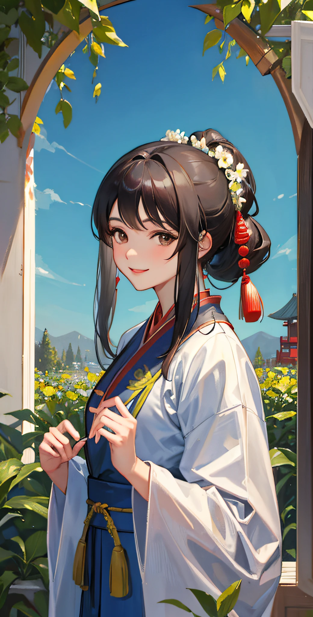 Garden as background,Portrait,Upper body,Chinese costumes,Black hair,Long gray hair,Brown eyes,standing,Smile,view the viewer,1girll,Eight Lakes