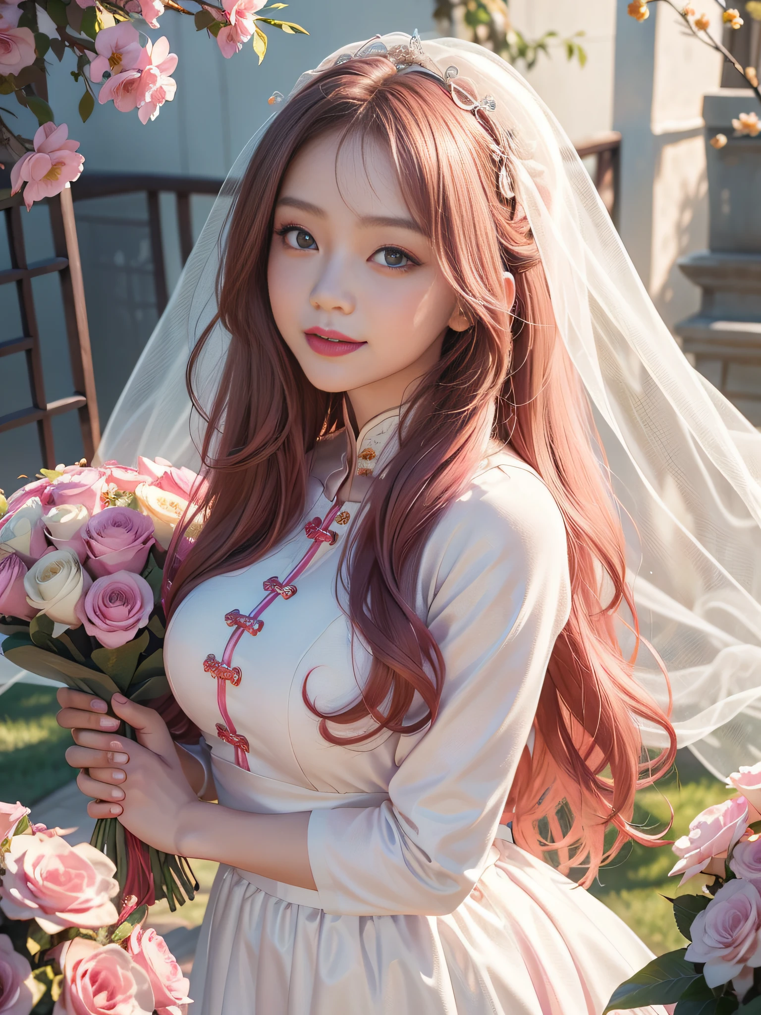 Long Light Hair，close to face，Chinese big eyes girl with lipstick on her lips, Realistic scene style, Light pink and light maroon, Bouquet in hand，Wearing a veil，Smiling，I can't believe how beautiful this is, pixar-style,  pixar-style, pixar-style, pixar-style,Light white and dark pink, cartoon character