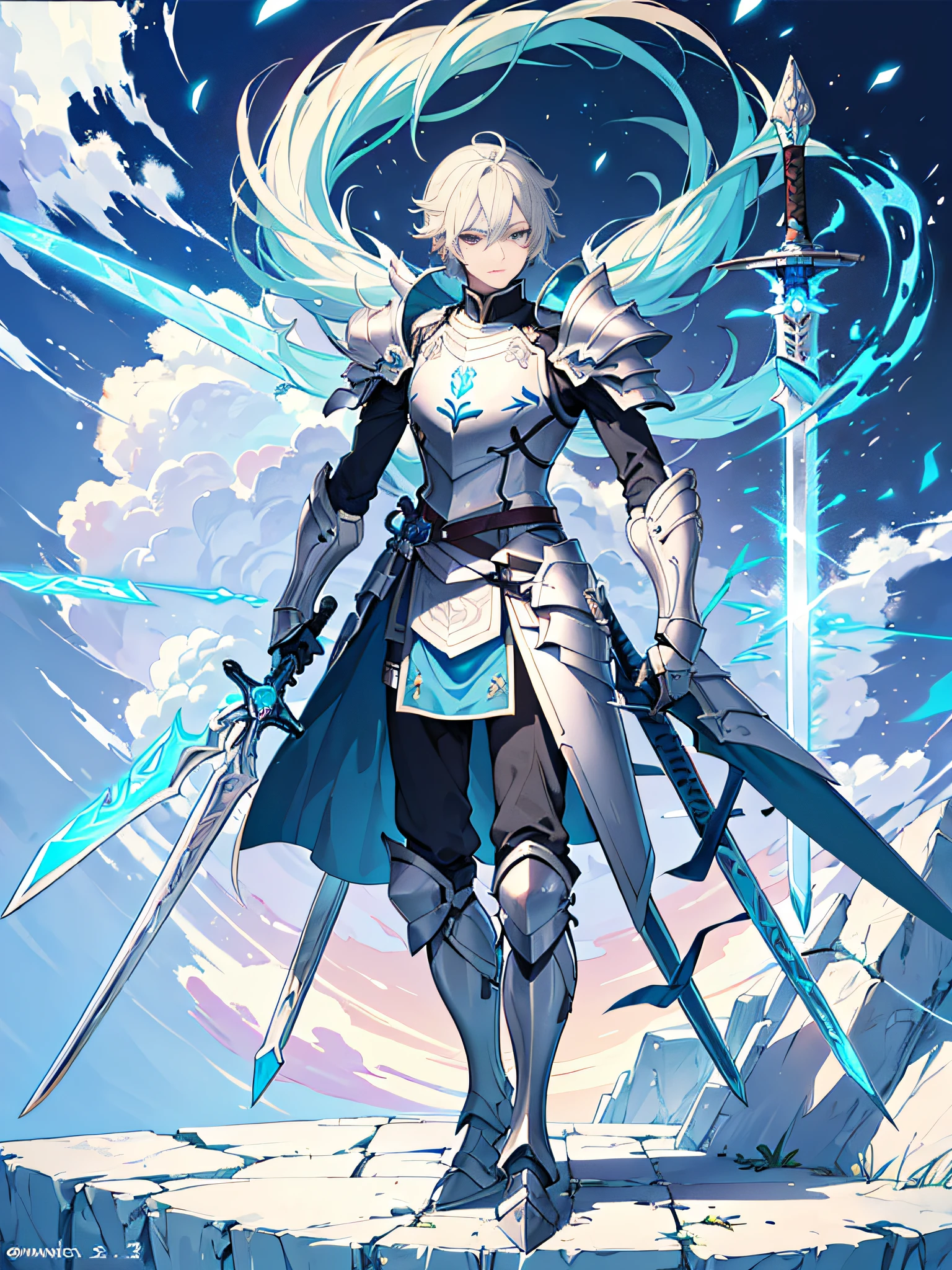(masutepiece, of the highest quality, of the highest quality, Official art, Beautiful and aesthetic: 1.2), (8K, of the highest quality, masutepiece: 1.2), CG Divine Sword, arma, Mizui-colored armor, Solo, Holding, Ice, blazing, Ice Sword , 1 boy, holding weapon, planted, Male Focus, Light blue weapon, Standing, helmets, gauntlets, holding swords, Light blue sword, planted sword, Shoulder Armor , gradient, Gradient background, greaves, pauldrons, (Ice Glow: 1.3),
