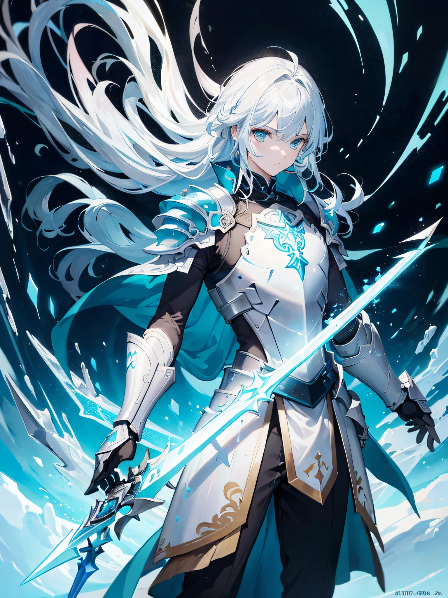 (masterpiece, top quality, top quality, official art, beautiful and aesthetic: 1.2), (8k, top quality, masterpiece: 1.2), CGDivine sword, weapon, Mizui-colored armor, solo, holding, ice, glowing, ice sword , 1 boy, holding weapon, planted, male focus, light blue weapon, standing, helmet, gauntlet, holding sword, light blue sword, planted sword, shoulder armor , gradient, gradient background, greaves, pauldrons, (ice glow: 1.3),