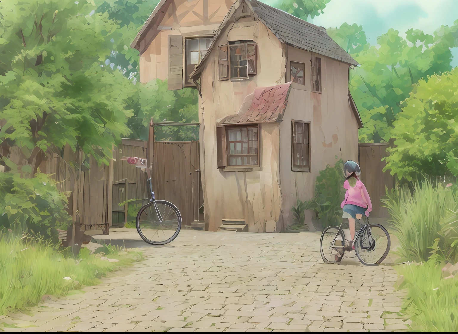 A child riding on a bicycle,Another girl is watching, based on child's drawing, a child's drawing, kids drawing, kids drawing, kids drawing, kids drawing, children's artwork, kids drawing, Children's drawing, hand-drawn animation, kids drawing, children's book drawing, kids fantasy drawing, Children\'s book drawing