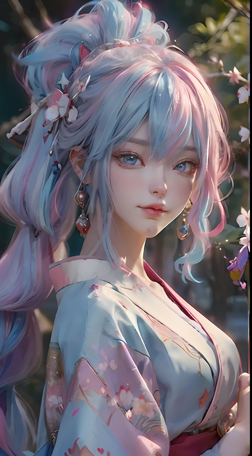 Anime girl with green hair and blue eyes holding a red umbrella, white hair deity, feminization of Kusat Krenz main art, Onmyoji detail art, Onmyoji portrait, Konachan Wallpaper 4K best anime  , detailed digital anime art, anime goddess, highly detailed official artwork, detailed anime art, Onmyoji, anime heroine portrait, chibi style, loli face, transfer  cool and beautiful movements, ((((colorful hair))), (((half blue half pink hair)), (perfect eye drawing) , bright eyes, Necklace, earrings, delicate mouth,  delicate nose, delicate makeup, 2 side braids, red lips, (purple eyes) big breasts, slit, light effect, pastels, white background, super clarity, hd picture, legs  full body portrait, front, happy, (holding fan), cherry blossom tree,