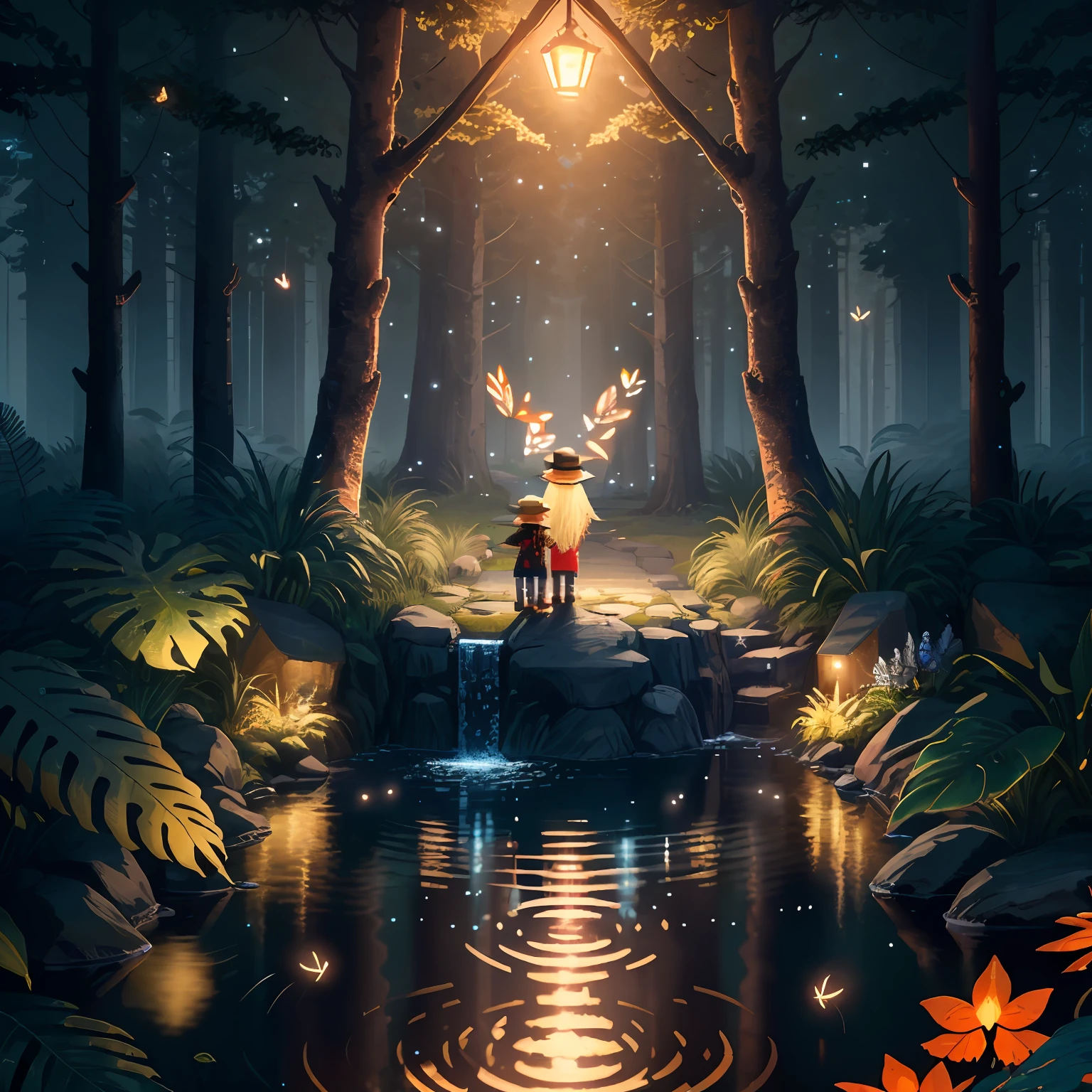 male child、siblings、a straw fedora hat、Have a bug net and a bug cage、in woods、Evening night sky、pixels、pixel art、Pixel art、Holding hands