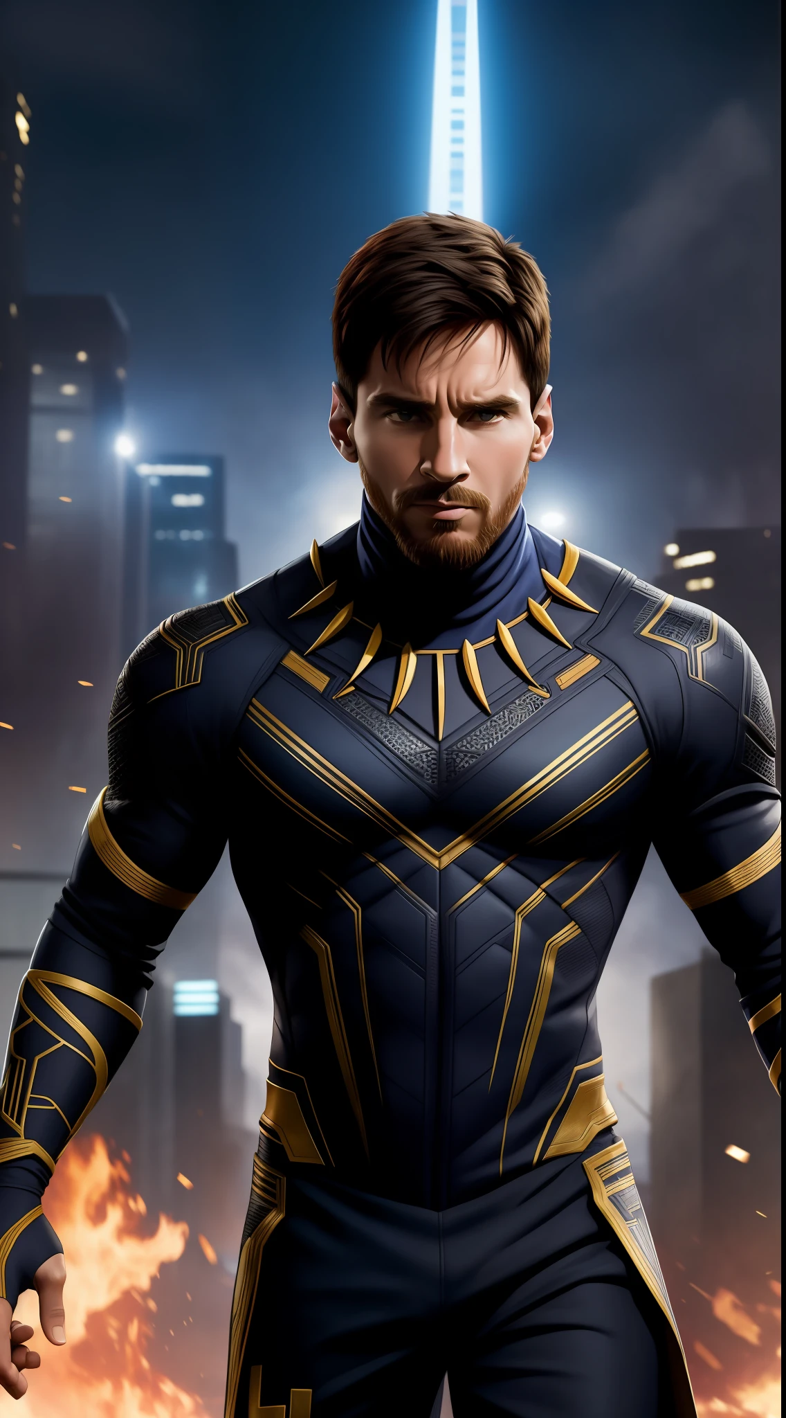 Lionel.Messi plays Marvel's Black Panther，short detailed hair，tmasterpiece，extremely detailed photo, 8K  UHD, Ultra detailed, RAW photography，((salama))，There is no team crest，