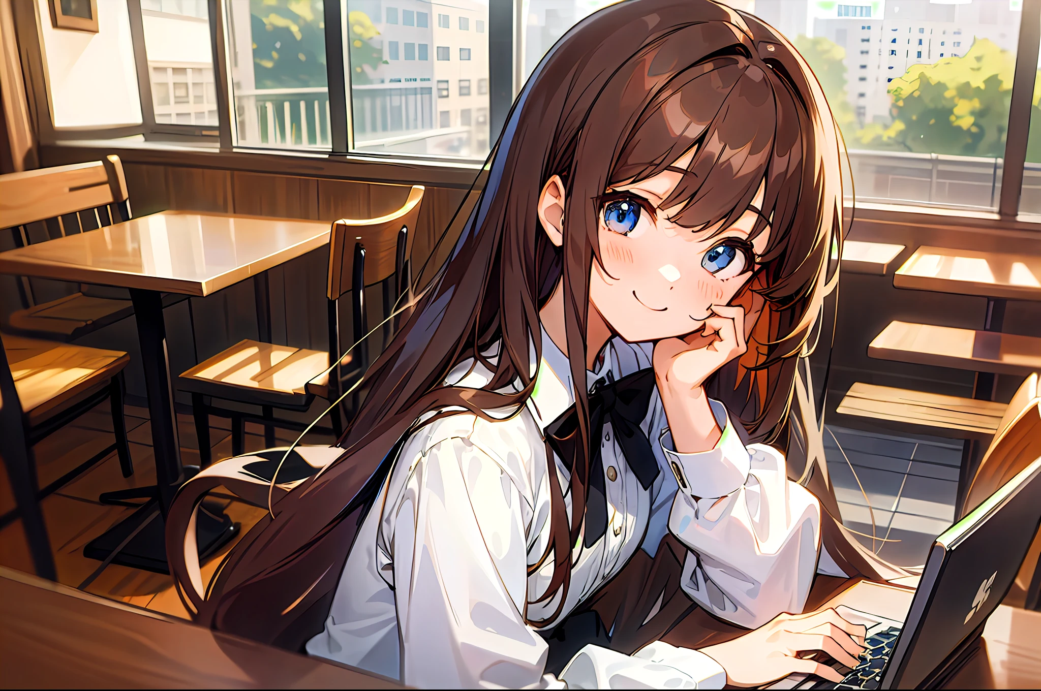 Upper body, mid-shot, femele, Detailed eyes, Anime girl sitting at laptop table, Semi-long hair, Brown hair, Bangs,, White School Uniform, Black bow tie, Long sleeves, cafes、Inside the restaurant, Smile