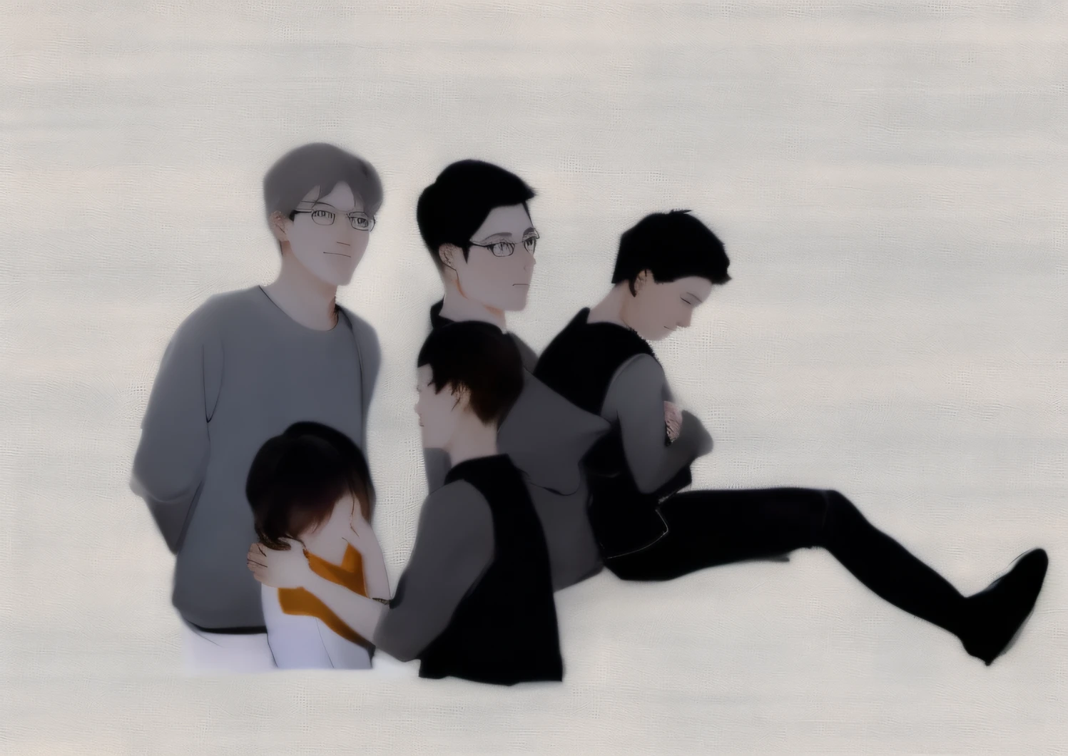 Sketch of a group of people sitting on the ground, Multiple poses, relaxed poses, Line sketch, author:Middle Bokuhn, a variety of poses, a variety of poses, Line sketch!!, concept art of single boy, pose study, Inspired by the China Expo Park, Sit Pose, diferentes poses, Casual pose, sketching, rotoscoped, various action pose,wears glasses,The facial features are clear