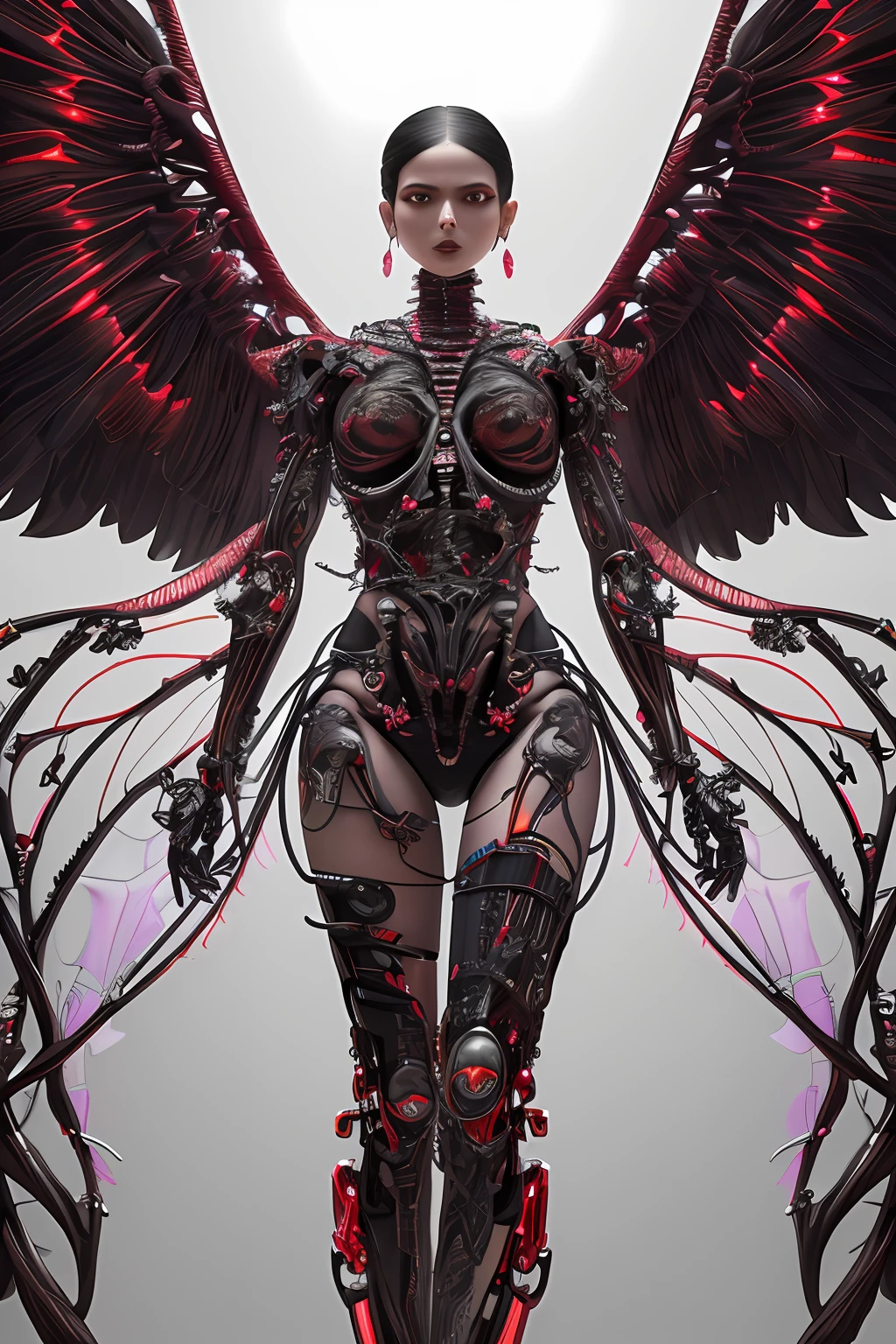 complex 3d render ultra detailed beautiful death angel, biomechanical cyborg, analog 150 mm lens, beautiful natural soft rim light, neon vein, roots, fine foliage lace, colorful details, Boris Bidjan Saberi outfit, pearl earrings, piercing, art nouveau fashion embroidered, intricate details, mesh wire, mandelbrot fractal, facial muscles, cable wires, microchip, badass, hyper realistic, ultra detailed, octane render, volumetric lighting, 8k post-production, red and white with a bit of black, detailled metalic bones, semi human, iridescent colors, Glenn Brown style, futuristic room, power of the god, high-angle shot, complex body poses