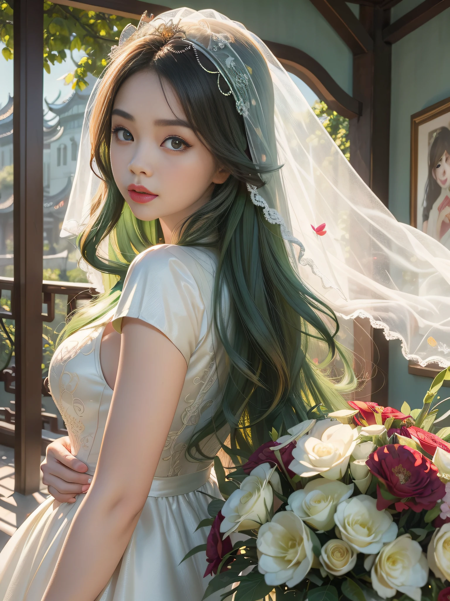 Long Light Hair,Close to face,Chinese big eyes girl with lipstick on her lips, Realistic scene style, Light green and light maroon, Bouquet in hand,Wearing a veil,I can't believe how beautiful this is, pixar-style, pixar-style, pixar-style, pixar-style,Light white and light green, cartoon character