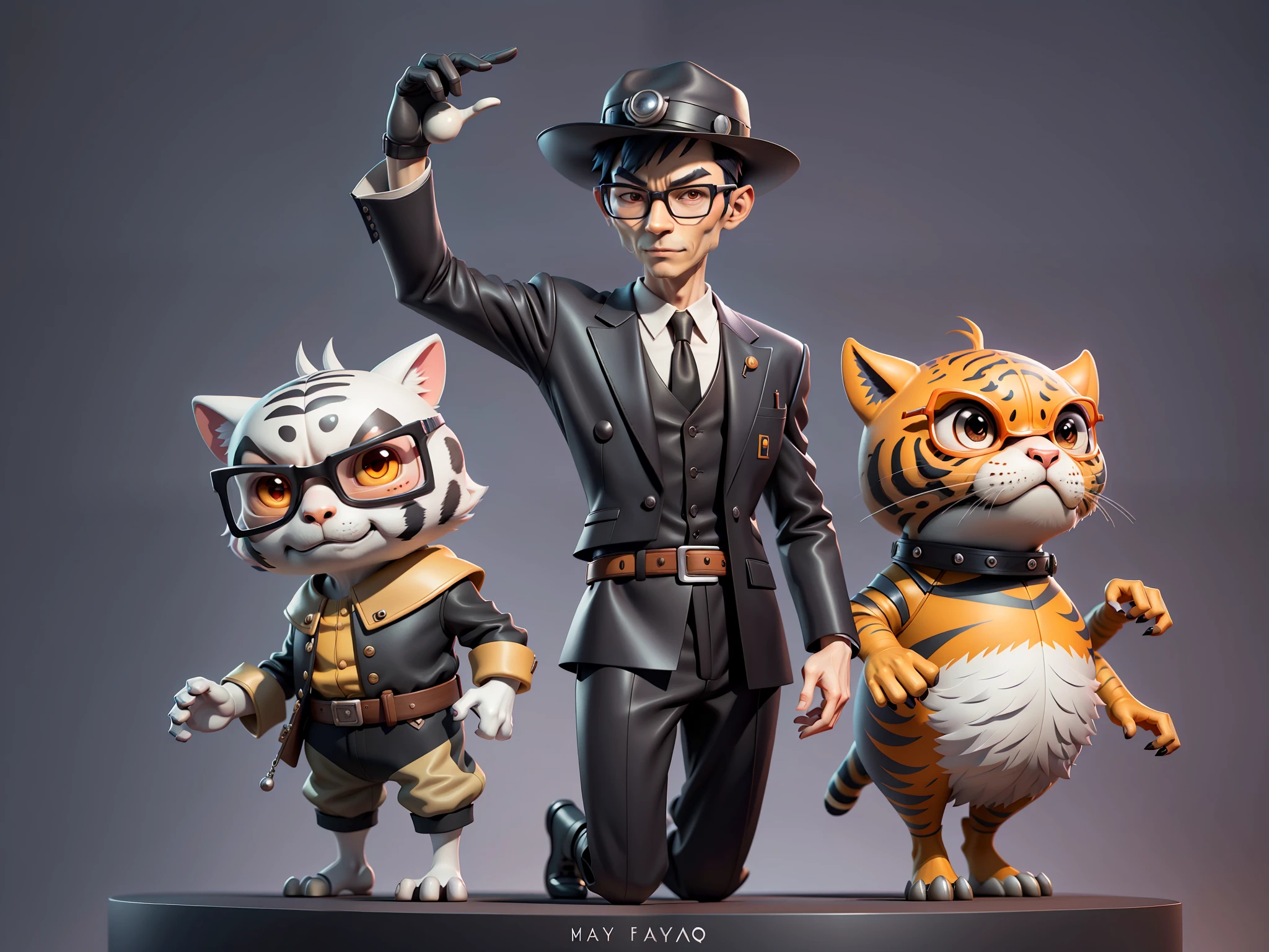 Young man with oriental face in leather hat, tiger, oriental face in formal suit, short black hair, silver glasses, digital painting, 3D character design by Mark Clairedon and Pixar and Hayao Miyazaki and Akira Toriyama, the illustration is a high-definition illustration in 4K resolution with very detailed facial features and cartoon-style visuals.