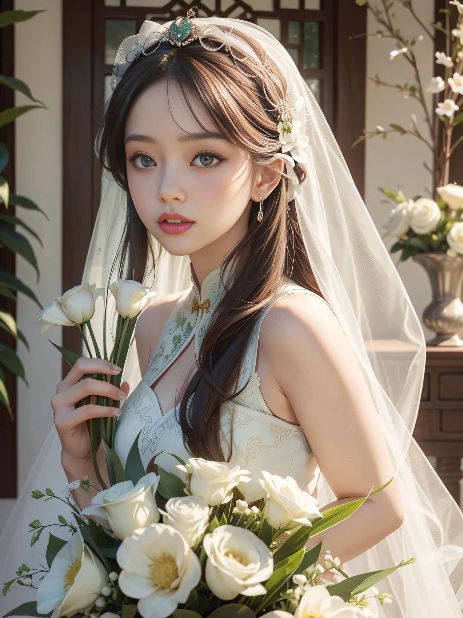 Long Light Hair，Close to face，Chinese big eyes girl with lipstick on her lips, Realistic scene style, Light green and light maroon, Bouquet in hand，Wearing a veil，I can't believe how beautiful this is, pixar-style,  pixar-style, pixar-style, pixar-style,Light white and light green, cartoon character