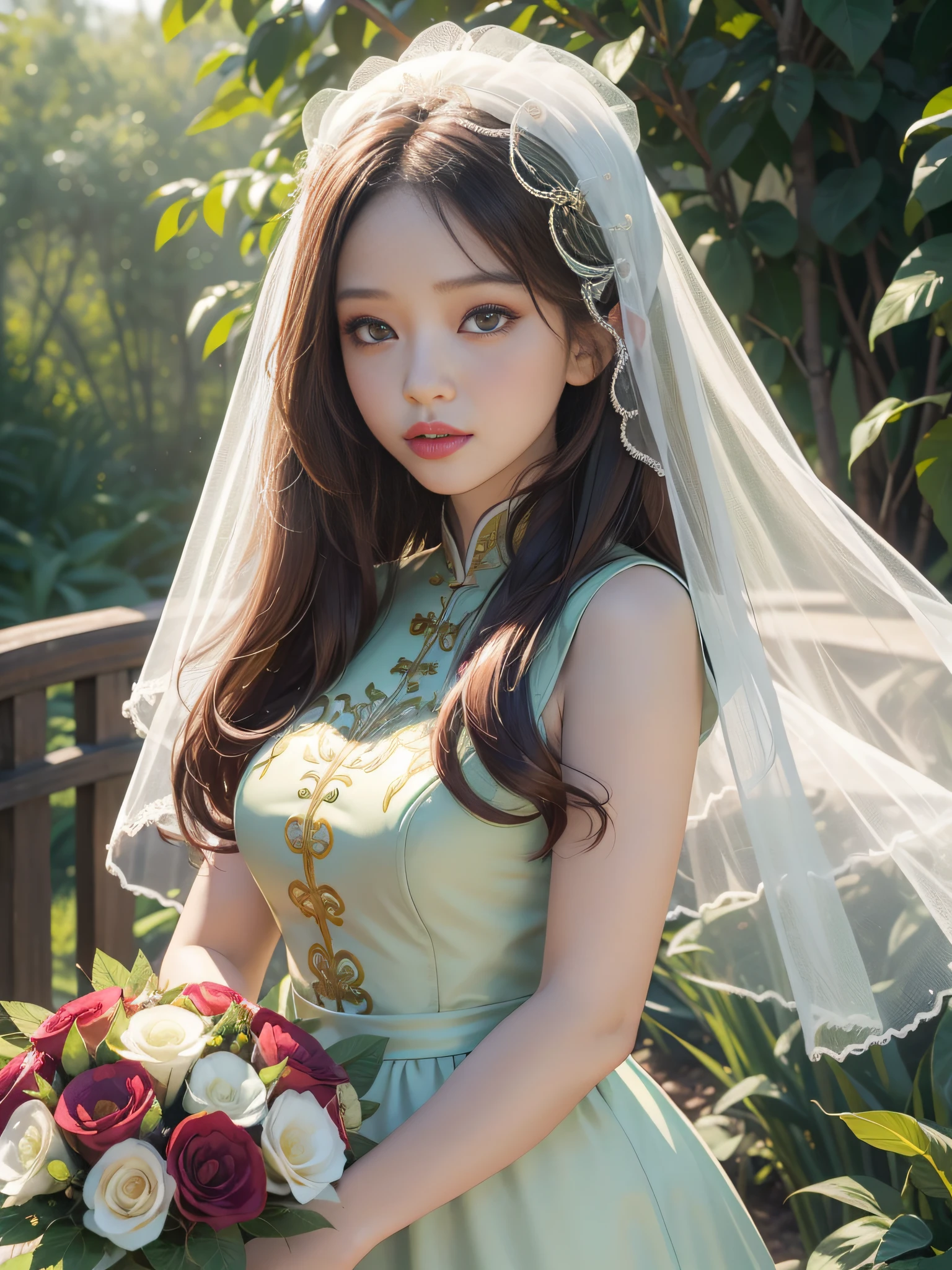 Long Light Hair,Close to face,Chinese big eyes girl with lipstick on her lips, Realistic scene style, Light green and light maroon, Bouquet in hand,Wearing a veil,I can't believe how beautiful this is, pixar-style, pixar-style, pixar-style, pixar-style,Light white and light green, cartoon character