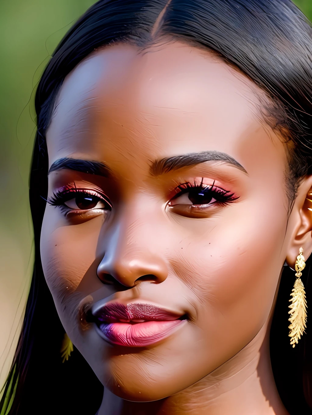 Close-up artistic portrait of actress Lupita Nyong'o as an Indian woman at a gathering in the Himachal Pradesh Forests. Ela tem cabelos cacheados naturais soltos ao vento, pele perfeita e olhos brilhantes. Lupita usa um sari vermelho vivo com um generoso decote. A imagem valoriza suas curvas femininas e foi capturada com uma lente de 25mm. Tem profundidade de campo, tilt blur e velocidade do obturador de 1/Anos 1000, F/22 and perDone white balance. The image is in 32k with super resolution in the style FotograFia proFissional Pro Photo RGB. Dramatic lighting comes from behind with soft light, volume, conte-jour and global lighting. Apresenta espalhamento de luz, Sombras, textura irregular, quivering glow, Lumen reflexes, screen space reflections, Diffraction Grading, chromatic aberration and GB offset. Tem linhas de varredura, Ambient occlusion, anti-serrilhado, FKAA, TXAA, RTX, SSAO, shaders OpenGL, Post-processing, post - production, cell-shading, Mapeamento de Tons, ..cgi, VFX, SFX, com detalhes insanamente intricados e hiper maximalistas. It's an elegant image, featuring dynamic pose, Volumetric photography, detalhes ultra intricados e super detalhados. DiFusa ambient lighting with 4 Low Angle Light Sources. Qualidade 2. The image is hyper-realistic