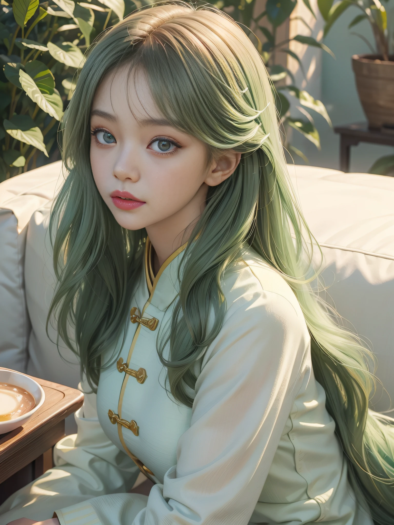 Long Light Hair,Close to face,Chinese big eyes girl with lipstick on her lips, Realistic scene style, Light green and light maroon,Drinking juice, I can't believe how beautiful this is, pixar-style, pixar-style, pixar-style, pixar-style,Light white and light green, cartoon character