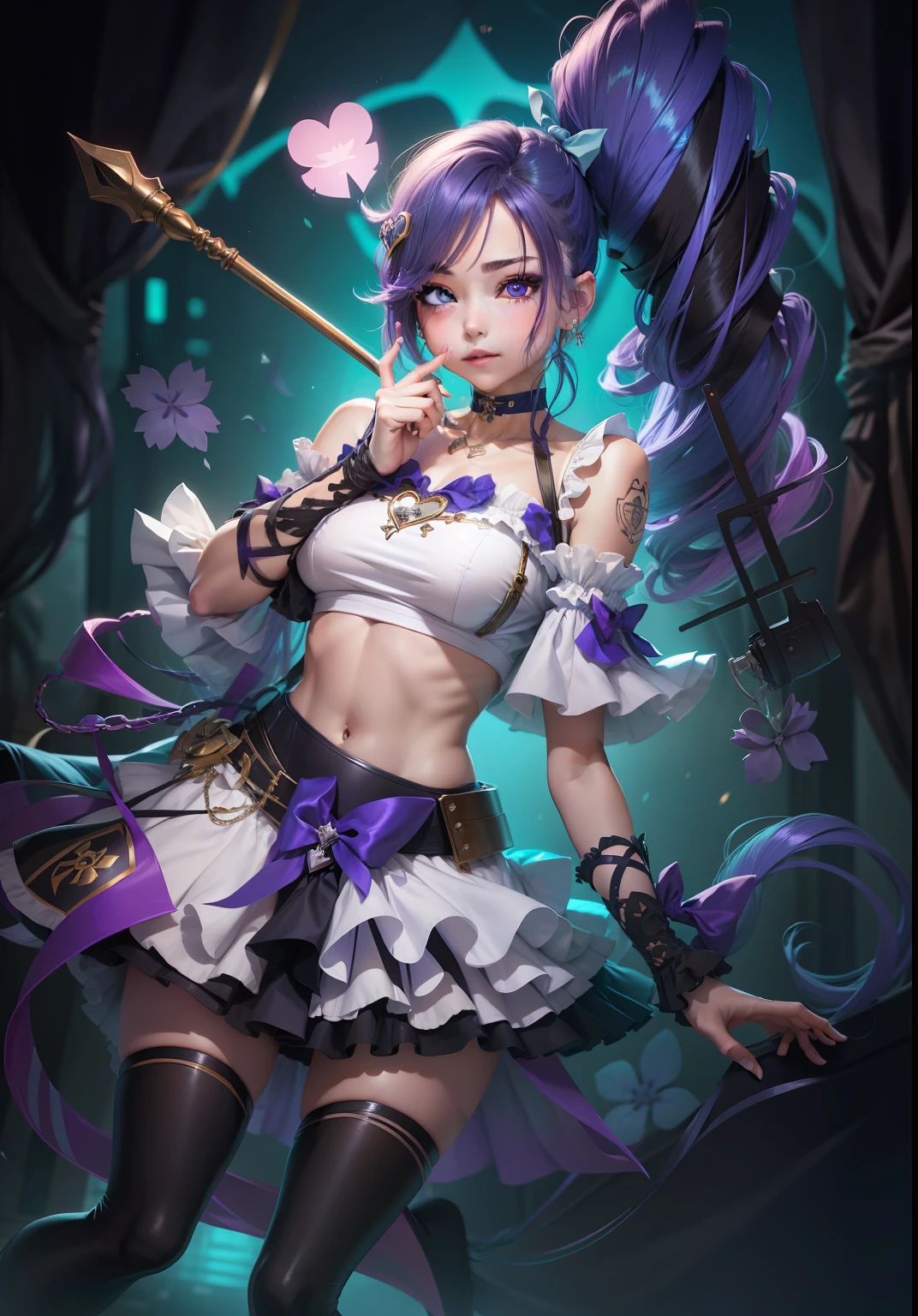 drill_hair, 1boy, Handsome、Junior high school boys、genderswap、genderswap_(ftm)、rating:safe, long_hair, thighhighs, choker, aono_miki, cure_berry、heart, solo, skirt, magical_warriors, midriff, heart_hair_ornament, blue_choker, one_eye_closed, blue_skirt, side_ponytail, purple_hair, hair_ornament, jewelry, frills, frilled_skirt, earrings, white_crop_top, navel, blue_eyes, twin_drills, zettai_ryouiki, black_legwear, wrist_cuffs, looking_at_viewer, heart_earrings, eyelashes, shiny, standing, closed_mouth, smile, very_long_hair, layered_skirt, ribbon, ponytail, miniskirt, purple_eyes, bow, shiny_hair, curly_hair, blue_background, shirt, blue_hair, wand, toned, shiny_skin, collarbone, thighs, cowboy_shot、flat_chest、flat_breasts、