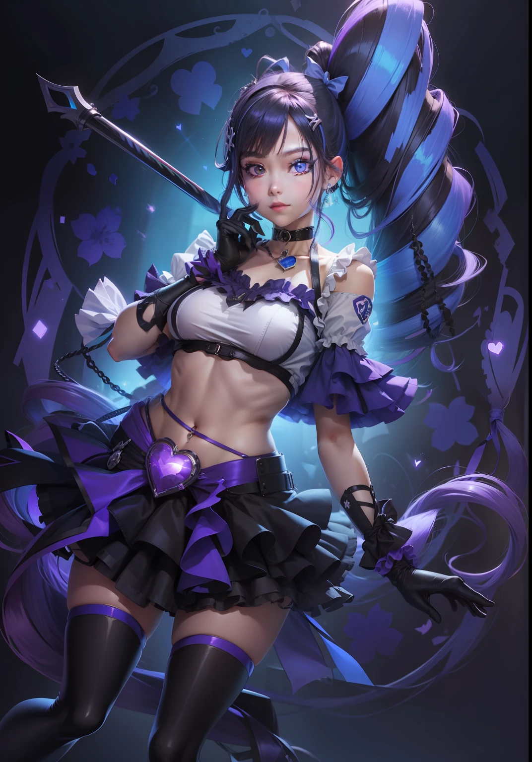 drill_hair, 1boy, Handsome、Junior high school boys、genderswap、genderswap_(ftm)、rating:safe, long_hair, thighhighs, choker, aono_miki, cure_berry、heart, solo, skirt, magical_warriors, midriff, heart_hair_ornament, blue_choker, one_eye_closed, blue_skirt, side_ponytail, purple_hair, hair_ornament, jewelry, frills, frilled_skirt, earrings, white_crop_top, navel, blue_eyes, twin_drills, zettai_ryouiki, black_legwear, wrist_cuffs, looking_at_viewer, heart_earrings, eyelashes, shiny, standing, closed_mouth, smile, very_long_hair, layered_skirt, ribbon, ponytail, miniskirt, purple_eyes, bow, shiny_hair, curly_hair, blue_background, shirt, blue_hair, wand, toned, shiny_skin, collarbone, thighs, cowboy_shot、flat_chest、flat_breasts、