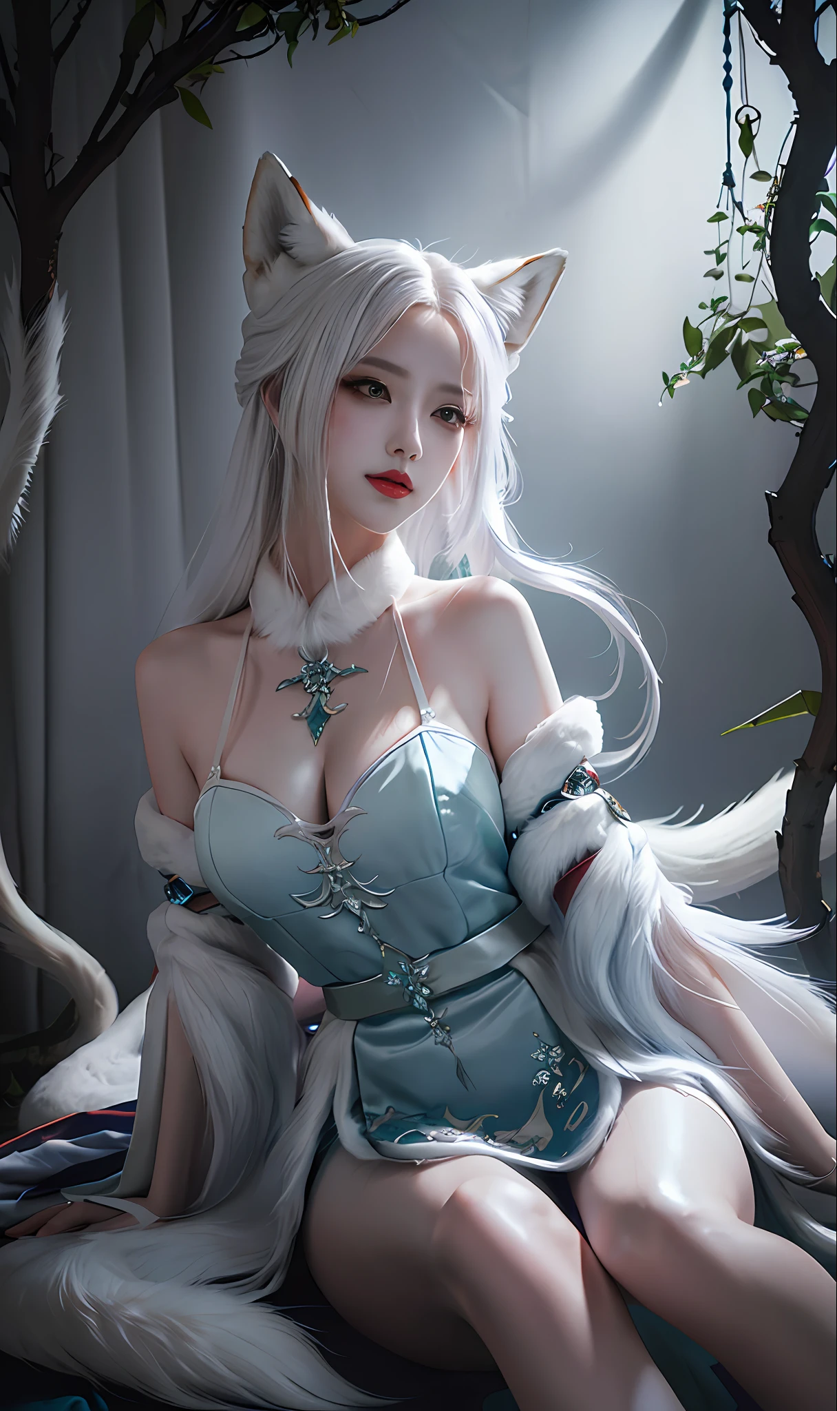 send,tmasterpiece,beautifuldetails,extremely colorful,Exquisite details,Delicate lips,The details are complex,Realiy,Ultra photo realsisim,A girl with a white-haired fox sitting on a branch:1.1,Large breasts,Raised sexy,seductiv,ethereal fox,nine tail fox,Onmyoji detailed art,Nine Tails,a beautiful artwork illustration,mythological creatures,red fox,Beautiful digital artwork,Exquisite digital illustration,mizutsune , Inspired by the mythical creature wildnet,Digital art on Pixiv,strong lights,hight contrast,Horror movie theme,Dark atmosphere