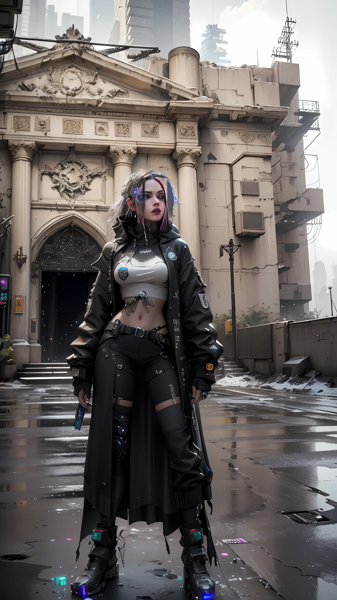 ((Best Quality)), ((Masterpiece)), (Very detailed:1.3), 3D, Beautiful (Cyberpunk:1.3) Female hacker, thick hair, half-exposed breasts, operating computer terminals, computer servers, LCD screens, fiber optic cables, corporate logos, HDR (High Dynamic Range), ray tracing, NVIDIA RTX, Super Resolution, Unreal 5, Subsurface scattering, PBR textures, Post processing, Anisotropic filtering, Depth of field, Maximum sharpness and sharpness, Multi-layered textures, Albedo and specular mapping, surface shading, accurate simulation of light-material interactions, perfect proportions, octane rendering, duotone lighting, low ISO, white balance, rule of thirds, wide aperture, 8K RAW, high efficiency sub-pixels, subpixel convolution, luminous particles,