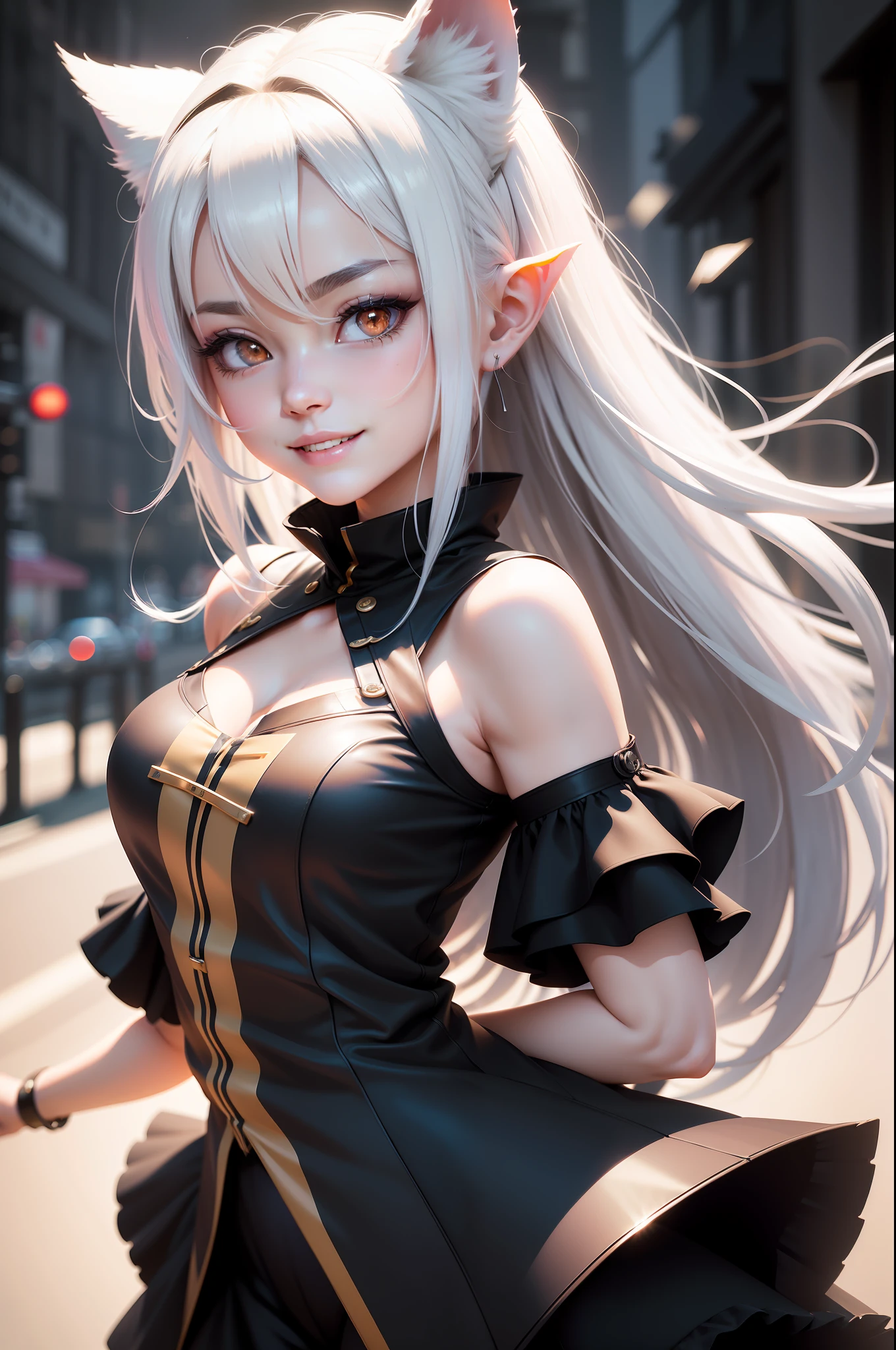 black hair, hair bobbles, wince, longeyelashes, solid circle eyes, fake animal ears, light smile, ear blush, fang, white hair, halo, mole under eye, pointy ears, smile, Surrealism, drop shadow, anaglyph, stereogram, tachi-e, pov, atmospheric perspective, anime, motion blur, 8k, super detail, ccurate, best quality, UHD