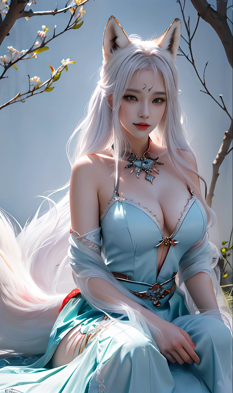 send，tmasterpiece，beautifuldetails，Extremely colorful，Exquisite details，Delicate lips，The details are complex，Realiy，Ultra photo realsisim，A girl and a white-haired fox sit on a branch：1.1，Large breasts，Raised sexy，seductiv，ethereal fox，nine tail fox，Onmyoji detailed art，Nine tails，A beautiful artwork illustration，mythological creatures，red fox，Beautiful digital artwork，Exquisite digital illustration，mizutsune , Inspired by the mythical creature wildnet，Digital art on Pixiv，strong lights，hight contrast，Horror movie theme，Dark atmosphere，low chest，Crop topping，Superskirt