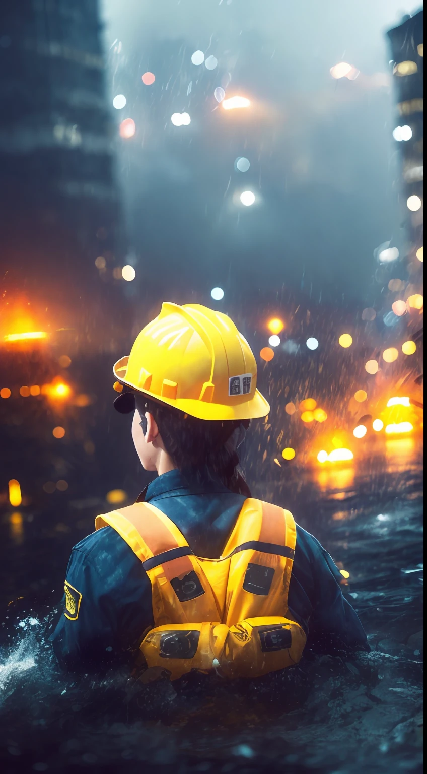 (Fearful:1.3) A firefighter, yellow hardhat，Yellow life jacket，life raft，From behind, In the ruins,floods，downpours，Save，Save， Bokeh, Light particles, Highly detailed painting,(dark hues:1.3),(Close portrait:1.3),thematic background