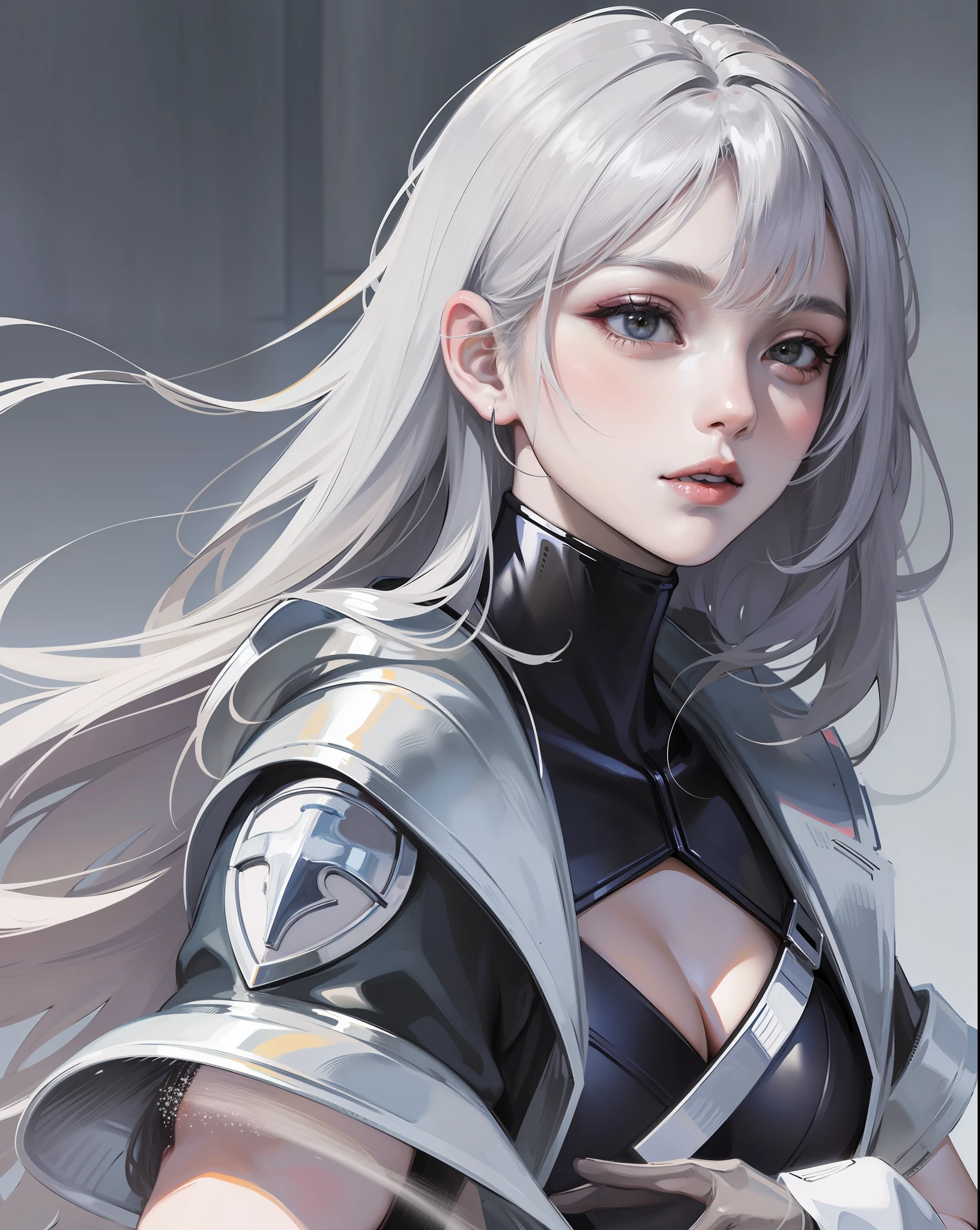 8K masterpiece superlative, anime woman, cold wind realistic portrait, silver white long hair woman,