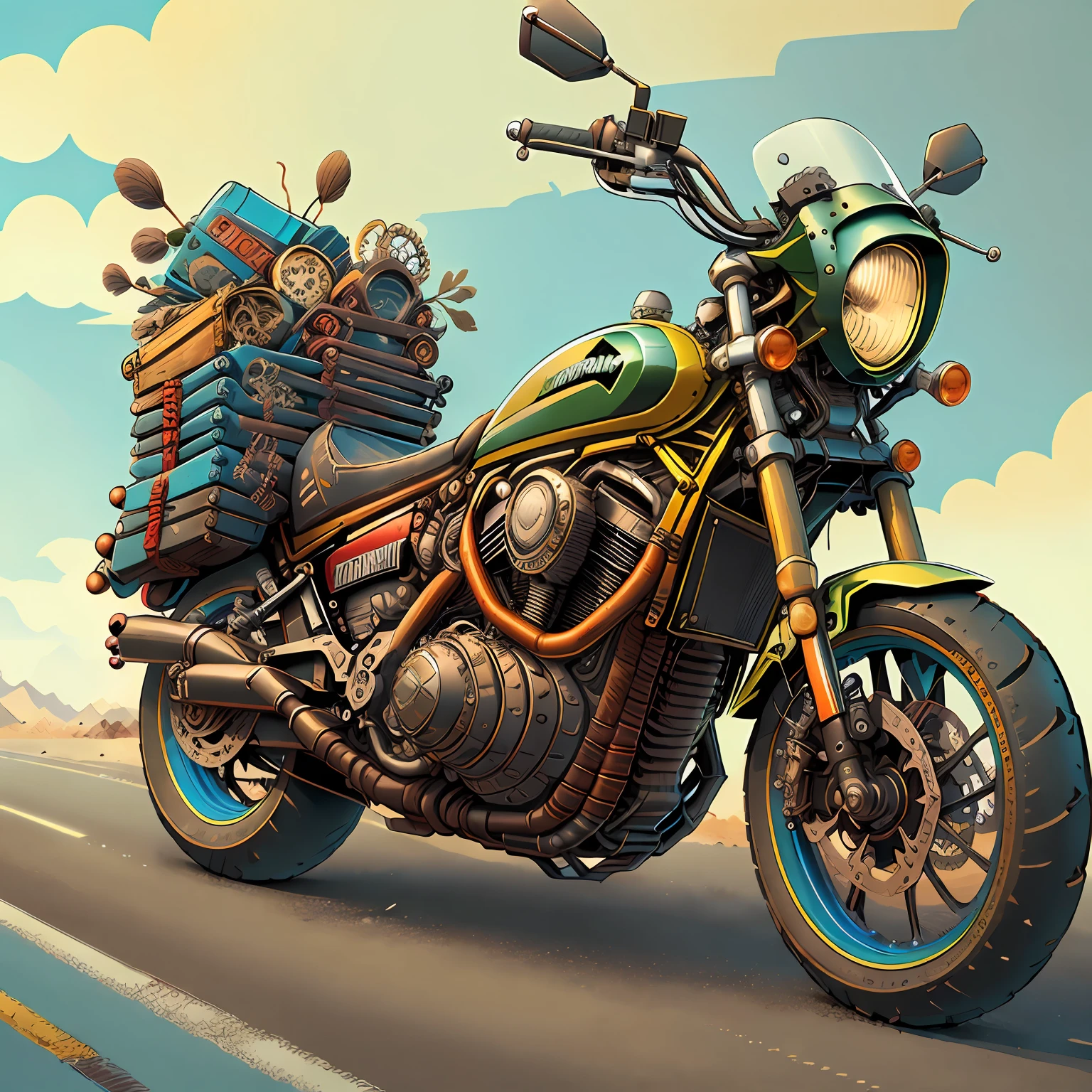 Kawasaki Vulcan Nomad 1600,Vista Total Mad Max CogPunkAI ,Cores 64 k, ((vermelho,amarelo,portanto ,azul))portanto,4D ,