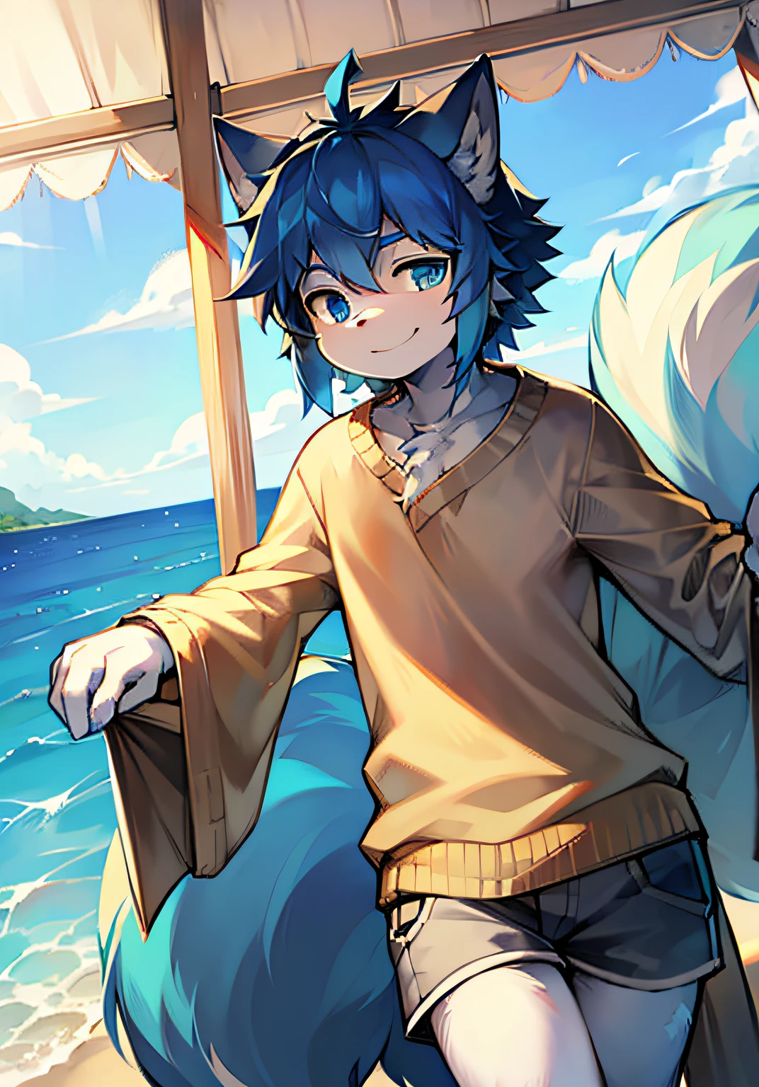 in a panoramic view，shaggy male，Enjoy the scenery sideways by the sea，Long blue hair，Fluffy tail，blue colored eyes，gently smiling，Casual clothing