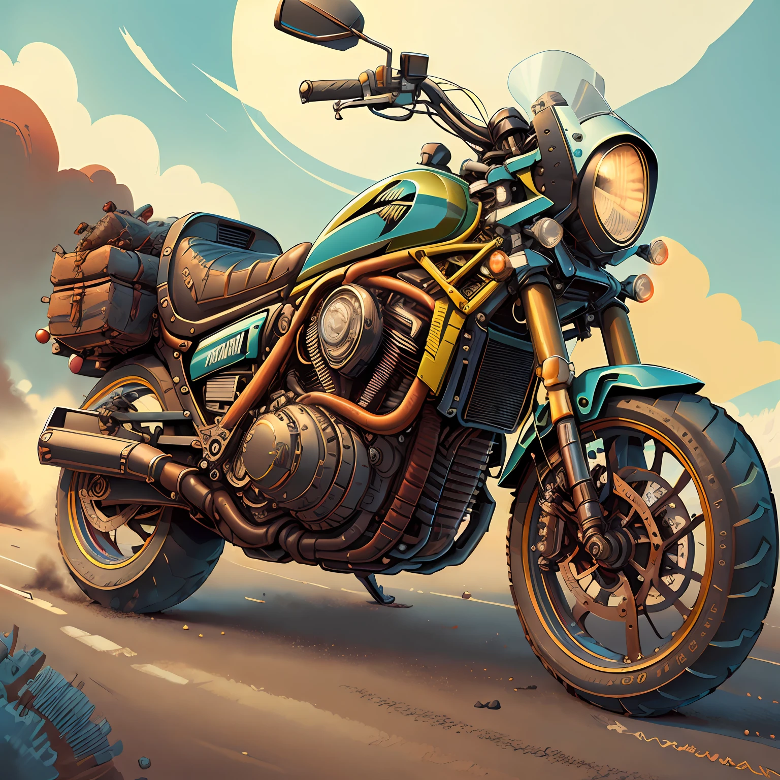 Kawasaki Vulcan Nomad 1600,Vista Total Mad Max CogPunkAI ,Cores 64 k, ((vermelho,amarelo,portanto ,azul))portanto,4D ,