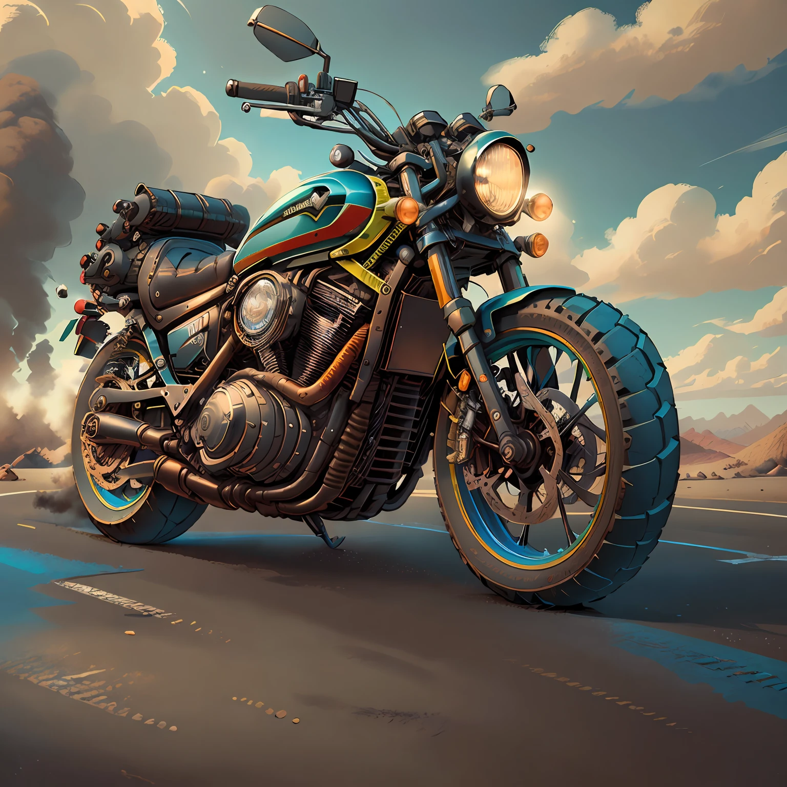 Kawasaki Vulcan Nomad 1600,Vista Total Mad Max CogPunkAI ,Cores 64 k, ((vermelho,amarelo,portanto ,azul))portanto,4D ,