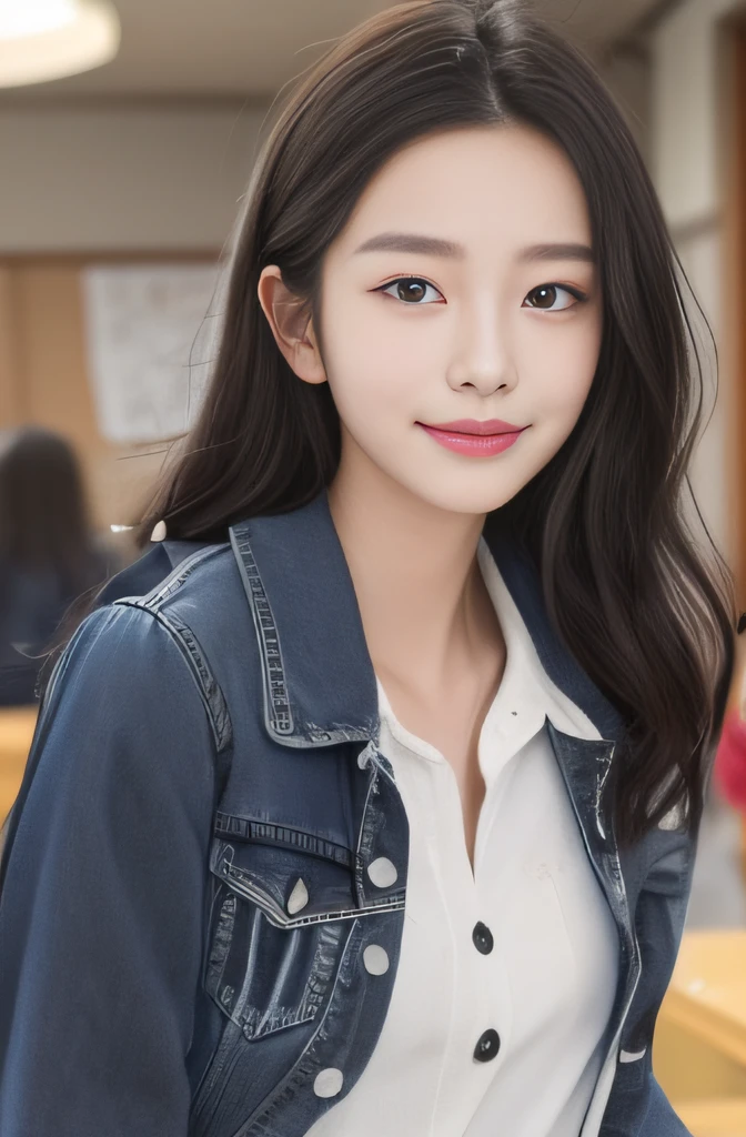 a smile、A dark-haired、Denim outerwear、White shirt、Inside the classroom