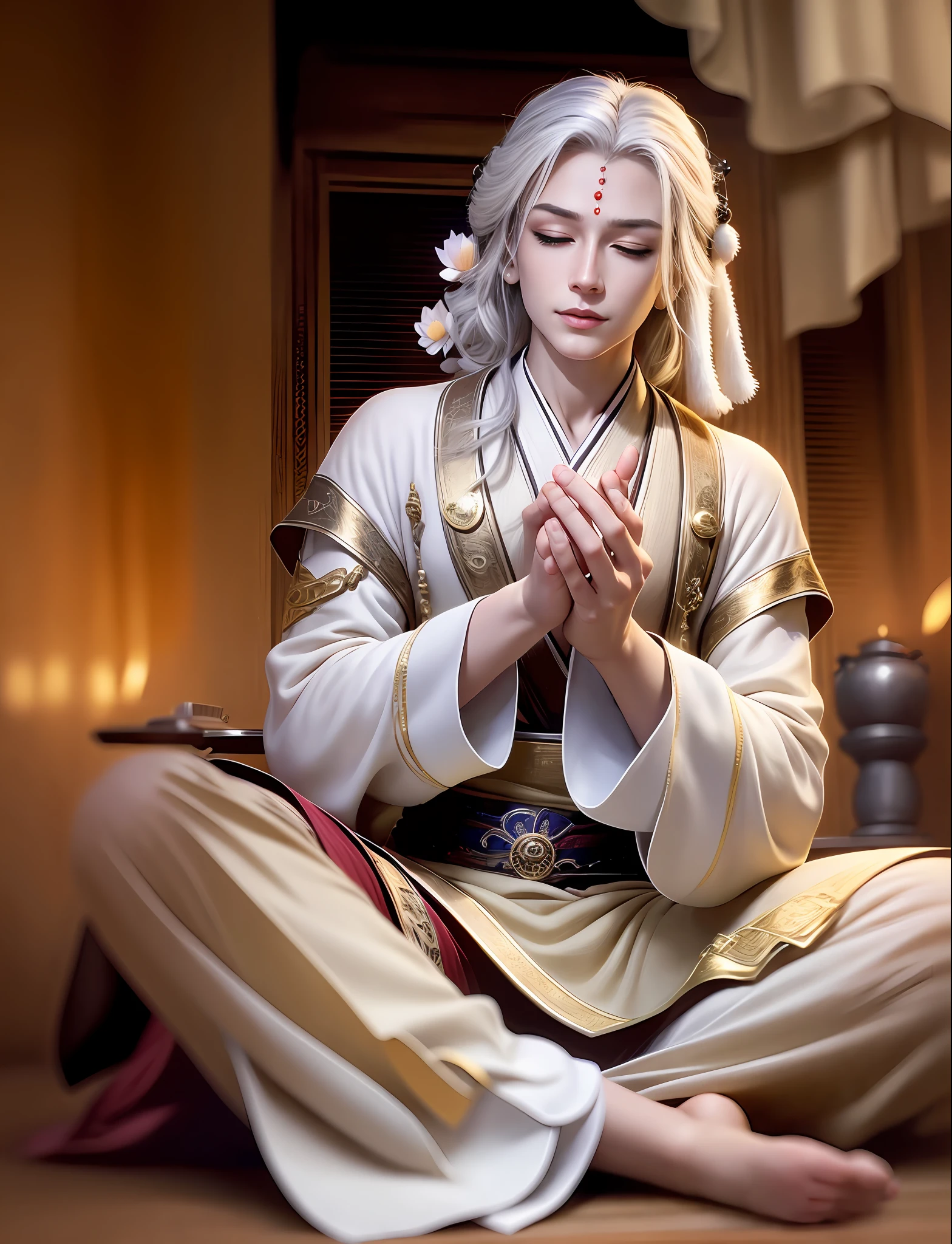 Handsome guy in a white shirt,Sit and meditate in a lotus pose,Look at the audience with your eyes closed,Floating on the ground,cheerfulness,A slight smil,realisticlying,Bokeh,light particules,very highly detailed background,detailed face with,Detailed and complex busy background,Untidy,opulent,milkyW,Highly detailed hands,Realistic details of skin,Visible Pore,tack sharp focus,volume fog,8K UHD,digital SLR camera,high qulity,filmgrain,White skin of the,photo-realism,lomo graphy,Huge metropolis in a dystopia of the future , look from down