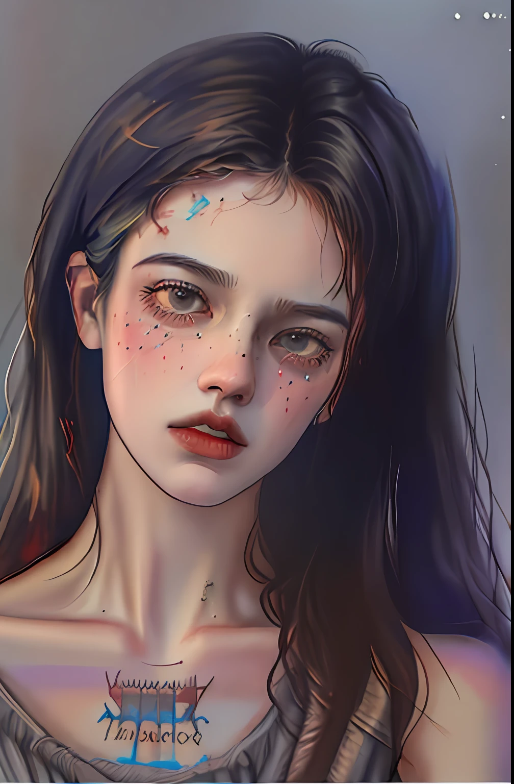 Woman sitting with both hands on head, sad face, tears, brown skin, messy black hair, furrowed brow, screaming, Gothic art, Impressionism, cinematic lighting, upside-down, zoom layer, Canon, Nikon, high quality, high details, digital painting, cyberpunk, realistic illustration