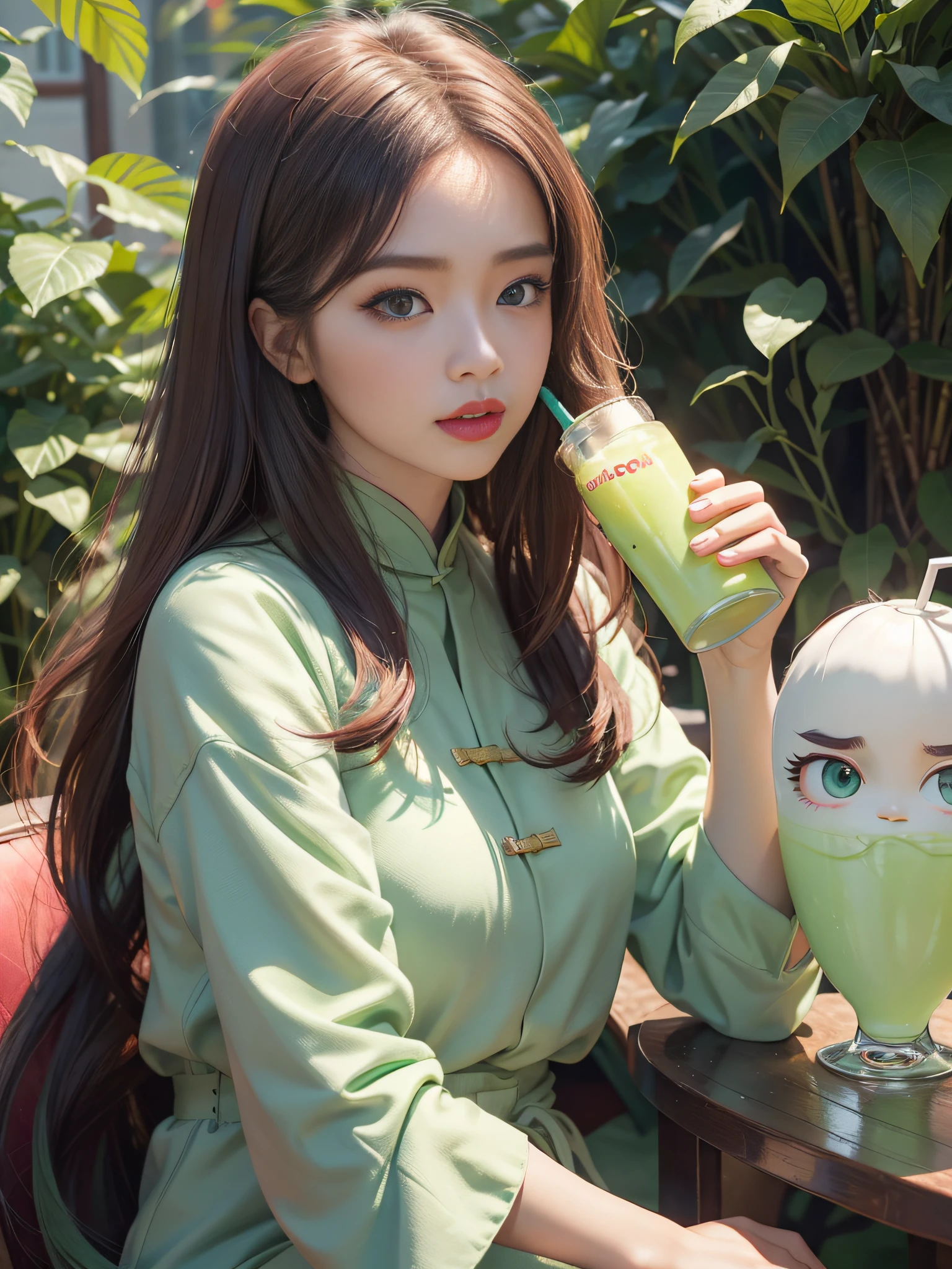 Long Light Hair,close to face,Chinese big eyes girl with lipstick on her lips, Realistic scene style, Light green and light maroon,Drink juice, I can't believe how beautiful this is, pixar-style, pixar-style, pixar-style, pixar-style,Light white and light green, cartoon character