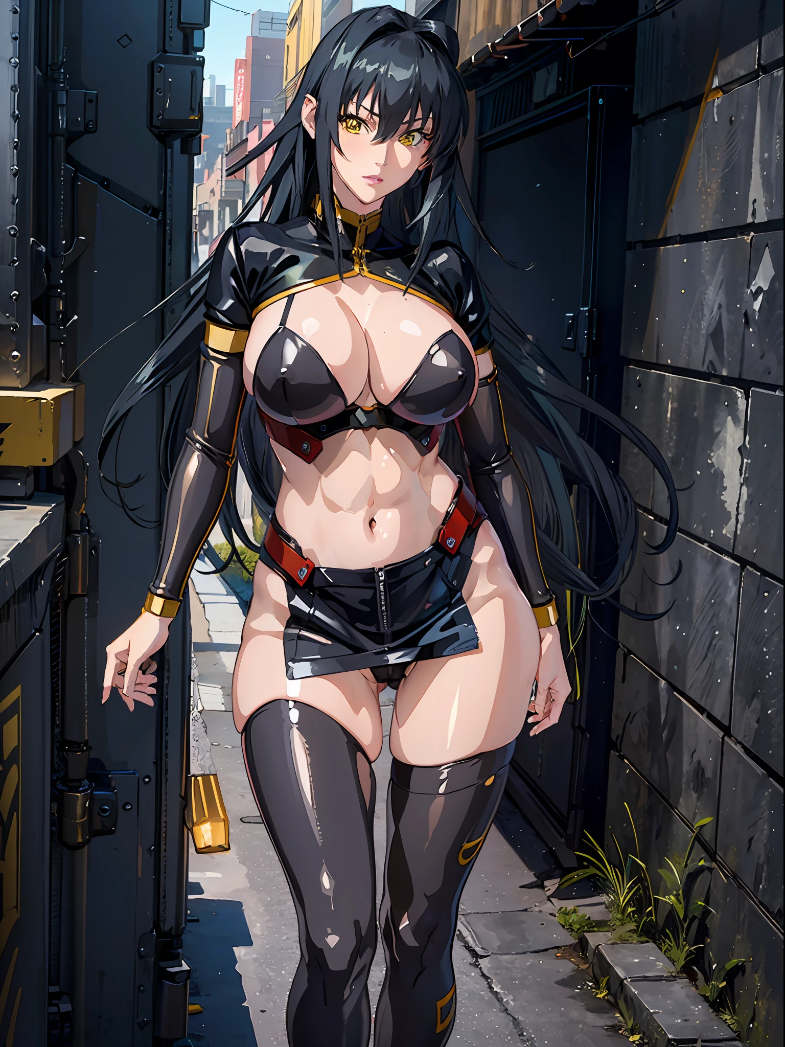 absurdres, (realistic:1.5), (masterpiece, Extremely detailed CG unity 8k wallpaper, best quality, highres:1.2), (ultra_detailed, UHD:1.2), (pixiv:1.3), perfect illumination, distinct, (1girl:1.4), (bishoujo:1.2), looking at viewer, unreal engine, sidelighting, perfect face, ultra detailed face, perfect body, beautiful eyes, pretty face, (bright skin:1.4), (abs), (navel),  (Annerose:1.1), black hair, long hair, (yellow eyes:1.1), (large breasts:1.1), bodysuit, higheels, shiny clothes, skin tight, hair intakes, covered breasts, sideboob, cleavage, (solo:1.4), ultra detailed eyes, ultra detailed lipstick, ultra detailed makeup, makeup, glowing eyes, ultra detailed lips, lips, lipstick