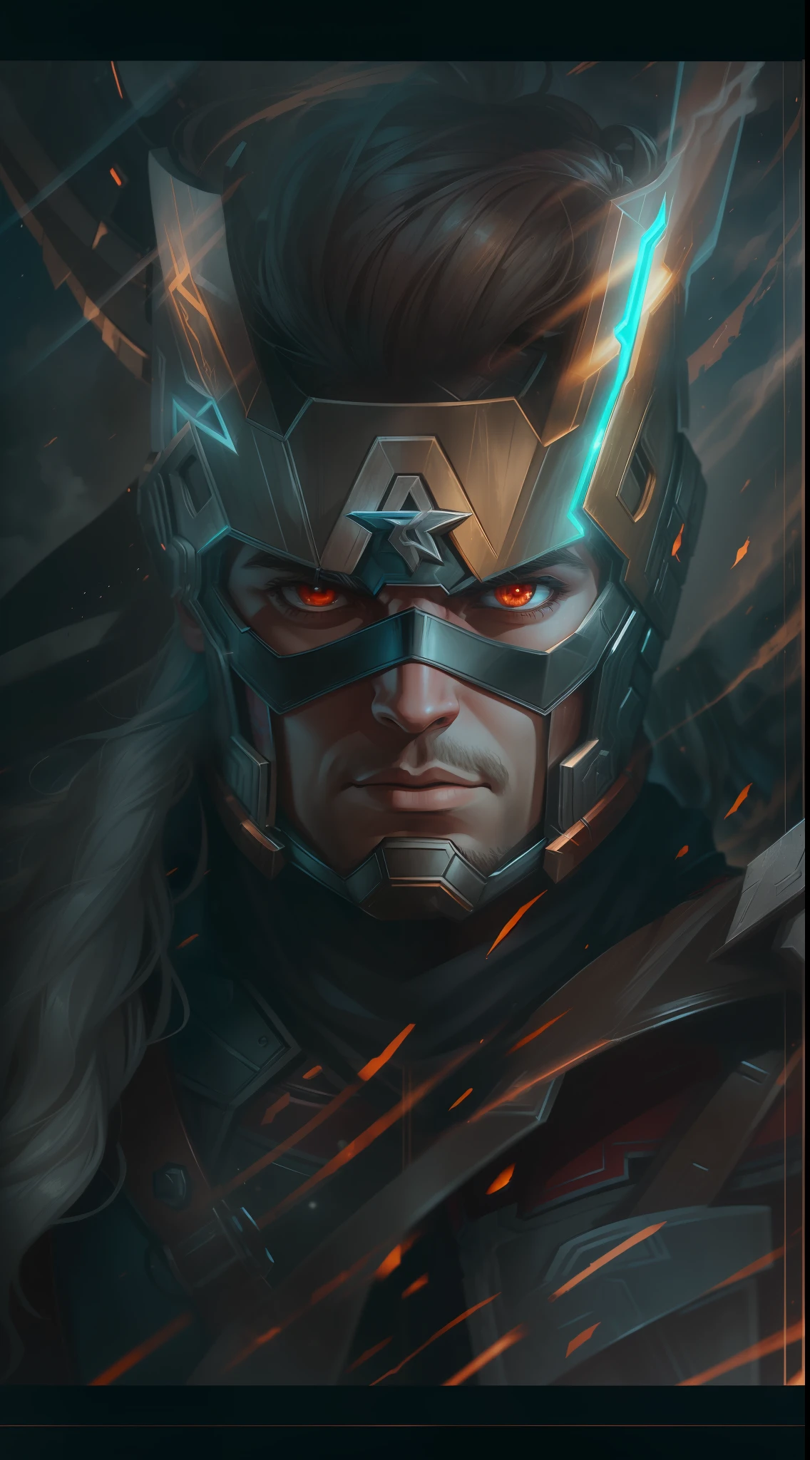 (obra maestra impresionante)), (Ultra resolution 8K), Striking illustration of Captain America fused with Thor , poderosa mezcla, Captain America and Thor Epica Original Combination, Captain America dressed as Thor thunder days, obra maestra sin antecedentes,Traje Cyberpunk, martillo rayos, obra maestra muy bien detallada, Illustration by Hetera, dark ilumination, Spectral illumination