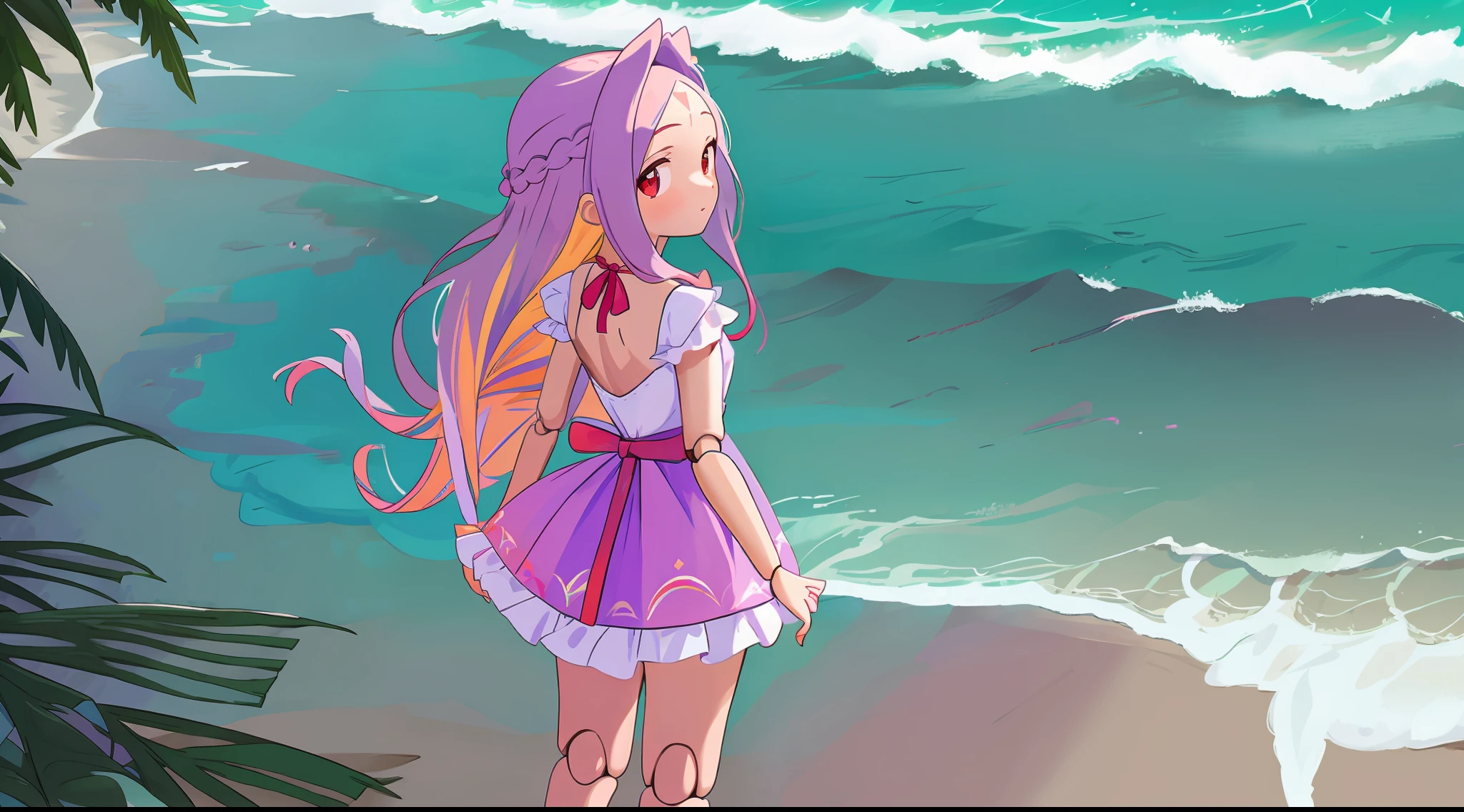 Masterpiece: 1.6, best quality: 1.4, live image: 1.2, intricate details: 1.2, ++, 1girl, solo, light purple hair, long hair, french braid, single sidelock, forehead, red eyes, multicolored eyes, small breasts, flat chest,  girl, swimsuit, bikini, frills, doll, doll joints, ++, in a beach, standing, looking back, from back, scenery, cg, from back, looking back, (small smile:0.7)