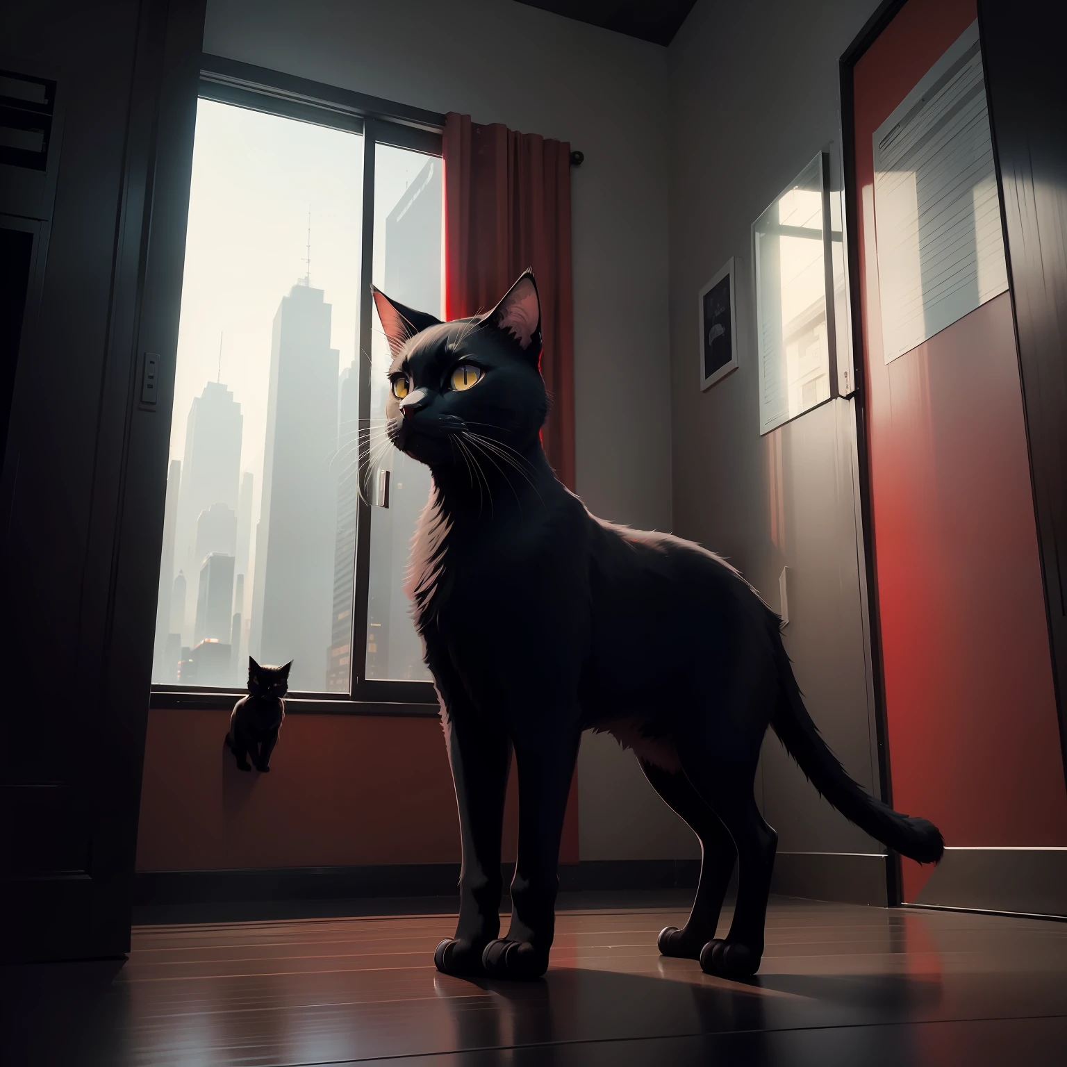 A black cat stands on something that looks like a red background, In Liu Ye's style, Minimalist comics, Ben Shane, the wallpaper, ferrania p30, dark gray, ueda fumito,Clean background，American cartoons，Cyberpunk Style，Colorful，Hell Inn