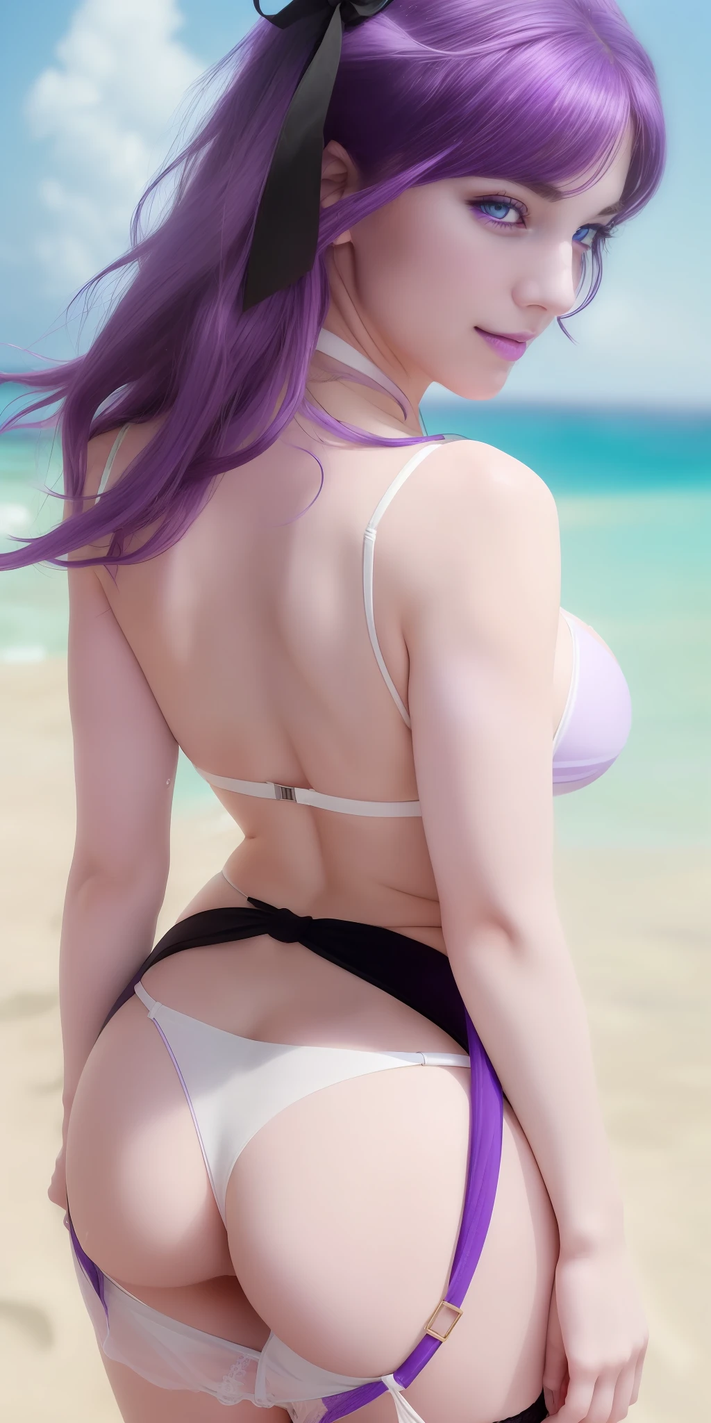 American woman, ((rear pose:1.6)), (spoiled:1),(beady big shining blue eyes:1.3), ( very see-through white bikini:1.5),(drooping eyes:1.4), (beautiful beach:1.9), (thin lips:1.5),(big breasts:1.5),round face,(innocent:1.5),(purple hair:1.8), (looking at viewer:1.1),(smiling:1.3),(happy:1.2),lovely,( black garter belt:1.5),(1girl),(open mouth:1.4),(delicate touch),(8k),(4k),(absurdres),perfect lighting,charming,realistic, alluring, clean, beautiful face, pure face,pale skin,wet, sweat,