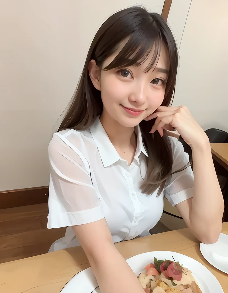 there is a woman sitting at a table with a plate of food, with cute - fine - face, 奈良美智, sakimichan, chiho, slight cute smile, reluvy5213, girl cute-fine-face, shikamimi, japanese model, she has a cute face