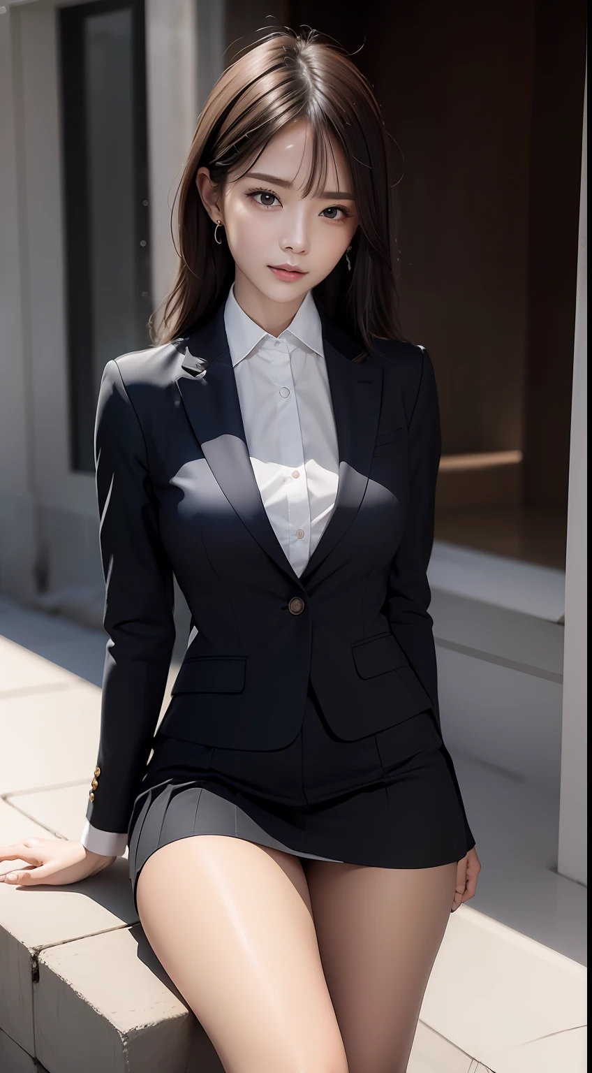 (Masterpiece:1.2), (Best quality), (Full body like:1.3) ,(Ultra detailed), (8K, Intricate), (Lens 135mm,F1.8), (Photorealistic)(Black background:1.3), Portrait photography,(dynamicposes),Side lighting,Edges are lit,Best shadow,Area light source,Perfect anatomy,Perfect face shape,Perfect for women,First-class female body,Refines skin texture,Fine cloth pattern,Meticulous beauty,Delicate and delicate skin,highlydetailed skin,paleskin,Delicate hair,glistning skin,top Quority, realisticlying, 8K, k hd, 1 rapariga, (Full body like:1.3), schools,intense emotion, blazer jacket, 校服,Visible nipple, The skirt is boldly pulled up, (legs are open), bend the knees and open the legs, The hairstyle is slightly shorter, Buttoned shirt flutters