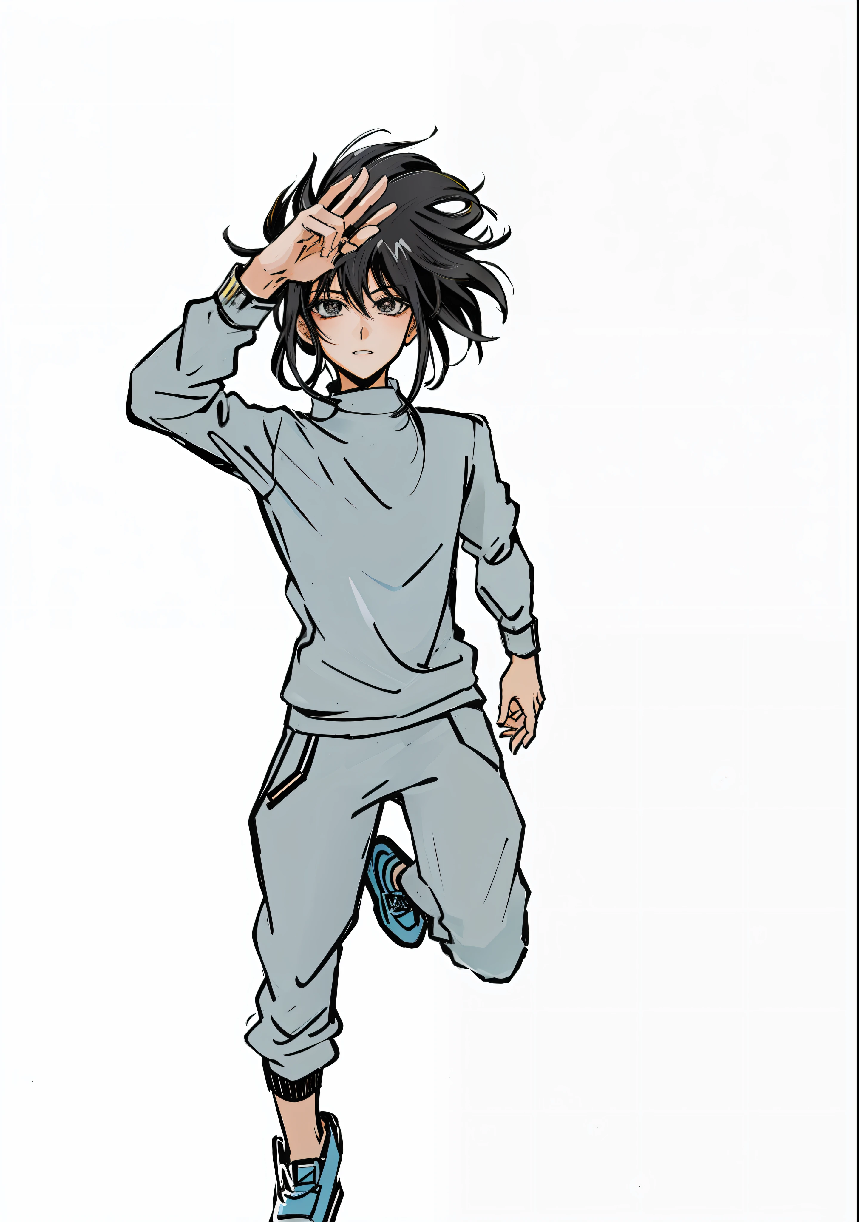 anime, Um homem de cabelo preto comprido e camisa cinza pula, The anime kid is running, Molly do romance Neuromancer, um assassino adolescente ousado, junji ito 4 mil, em estilo de junji ito, estilo junji ito, Tetsuo futurista, Molly, Neuromancer, Estilo de Junji Ito, wearing a tracksuit