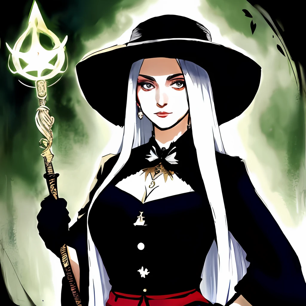 whaite hair(long whitr hair)，Red eyes，Wear a magic hat on your head，，Hands with black gloves，holding a magical staff，In the wild，，，Dark tones，Eyes enchanting，Large, plump and straight chest，There is a mole on the left chest，Full buttocks
