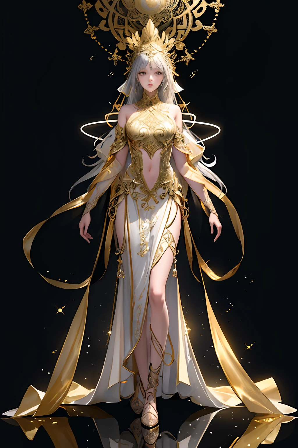 8K raw photo, Best quality, masterpiece, ultra high res, (zentangle, mandala, tangle, entangle),colorful,(photorealistic:1.4),raw photo, neonlight\(ttp\),1girl,tall female, skinny, slim_legs, solo,(perfect body shape),holy light,gold foil,gold leaf art,glitter drawing,(full body), ban,yuechan_wedding_lothes,  gadaxintai,  Neon Light,