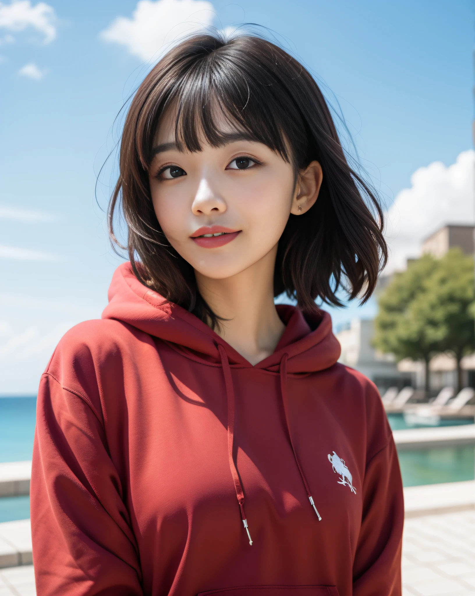 summer day、blue-sky、Summer Cloud、look up to、Red hoodie、The upper part of the body、A smile、a closed mouth、short-haired、oblique bangs、oblique bangs、top-quality, femal、独奏, white  hair, A dark-haired, piercings, two tone hair,  Parted lips, Black eye, s lips, gotik, Mole, colourfull、Red and fantastic world、hitornfreckles、The wind is blowing、Eyes sparkle、