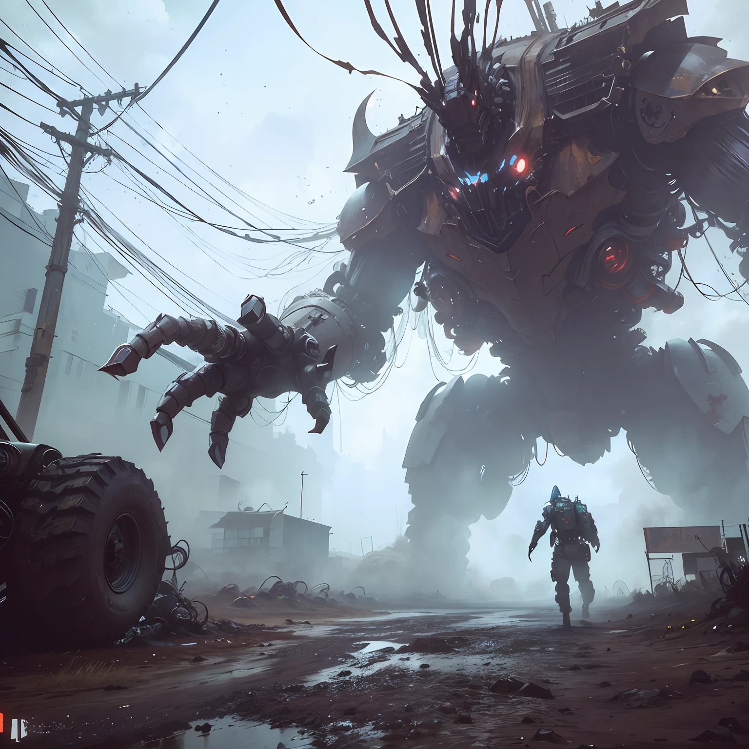 arafed monster with a man walking in front of it, the evil within monster, robot monster in background, fantastic screenshot art, giant mech, action scene screenshot, video game screenshot>, an giant evil, ps5 cinematic screen capture, eerie nostalgic concept art, 2020 video game screenshot, hd 4k game screenshot, death and robots
