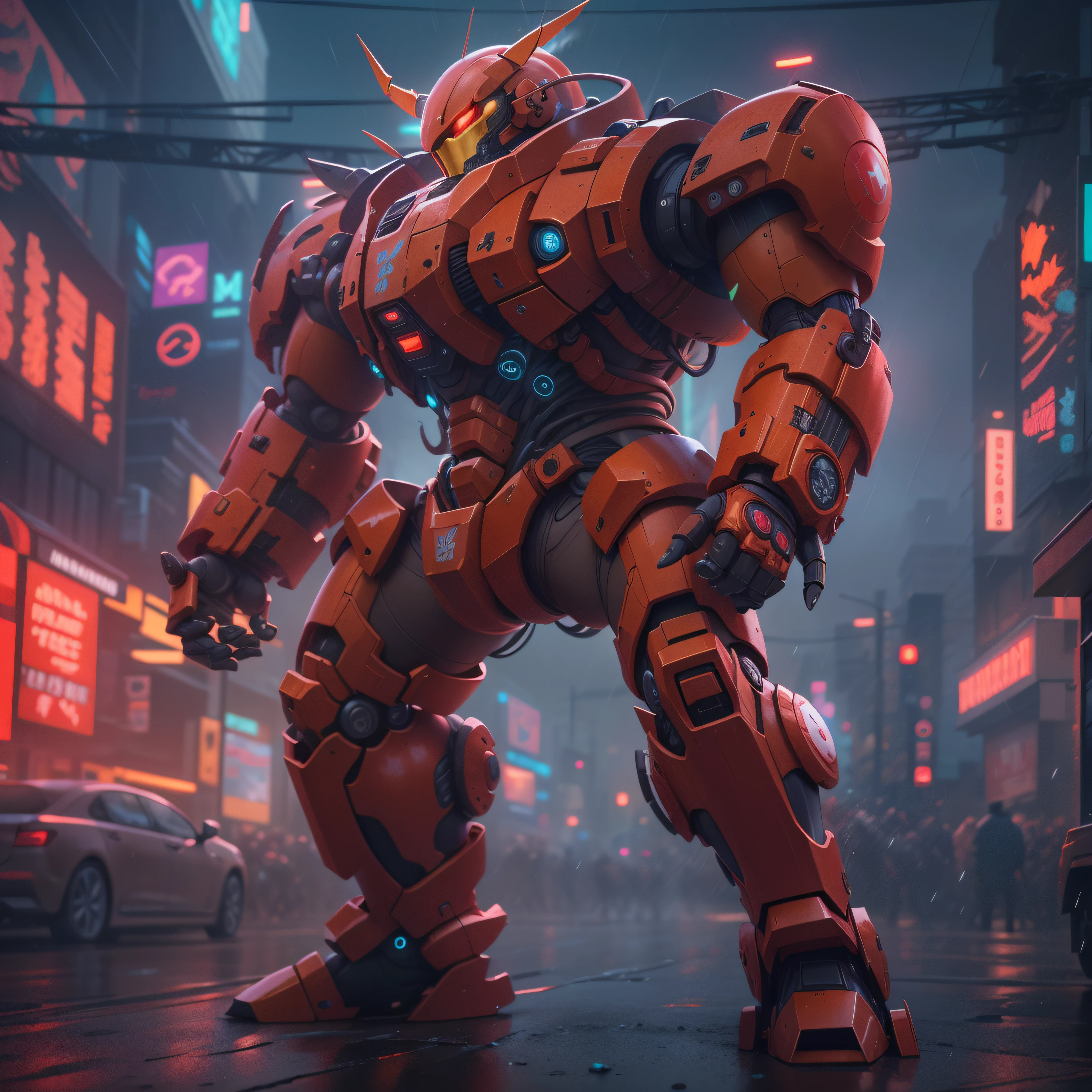 1 giant red robot, slick design cyberpunk, stunning gradient colors, stylized, ((battle pose, battle stance)) smoke, fire, raining
anime, masterpiece, best quality, (extremely detailed CG unity 8k wallpaper), (best quality), (best illustration), (best shadow), absurd res, realistic lighting, beautiful detailed glow