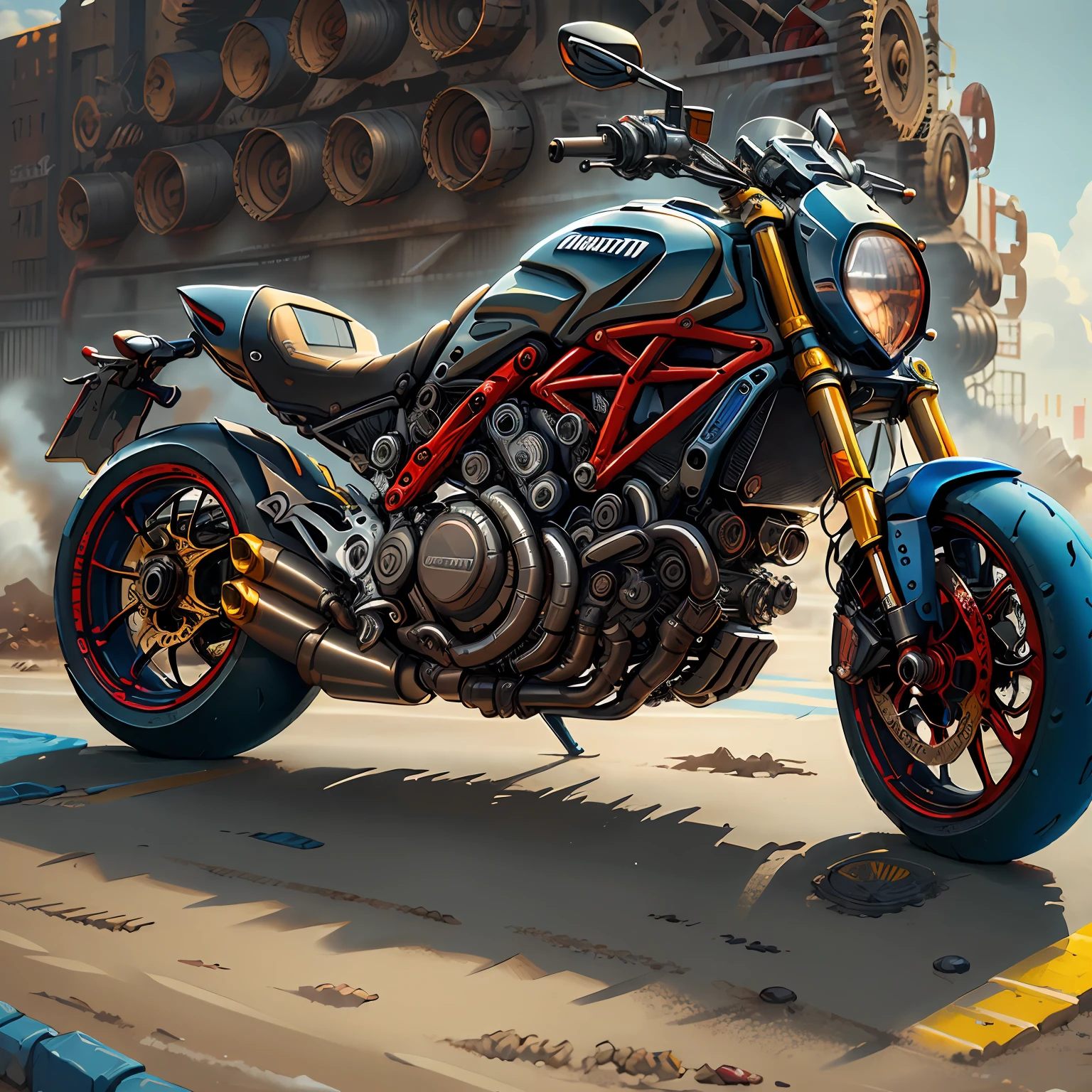 DUCATI DIAVEL,Vista Total Mad Max CogPunkAI ,Cores 64 k, ((vermelho,amarelo,portanto ,azul))portanto,4D ,