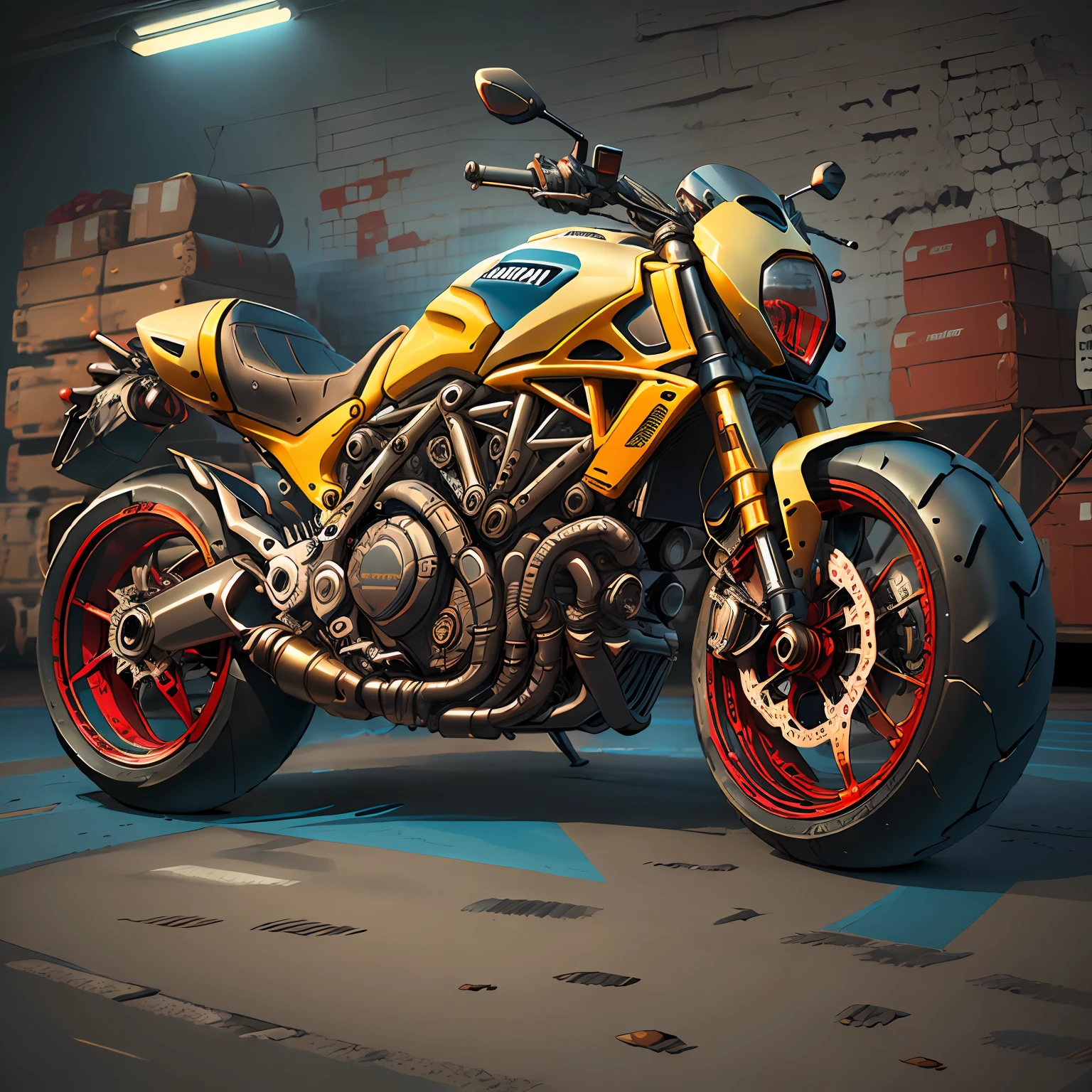 DUCATI DIAVEL,Vista Total Mad Max CogPunkAI ,Cores 64 k, ((vermelho,amarelo,portanto ,azul))portanto,4D ,