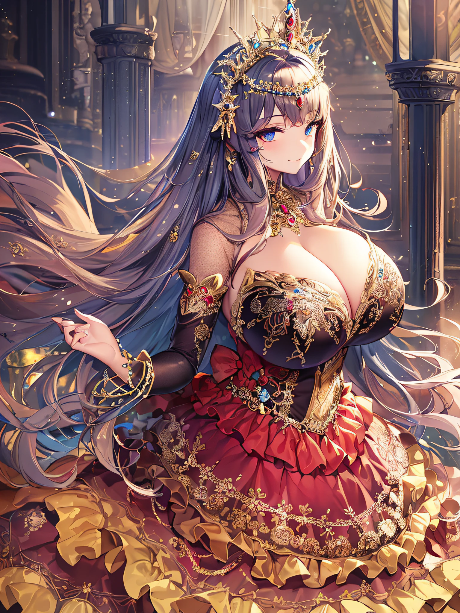 ((anime artstyle)),(Masterpiece),(Best Quality), (Super Detail),((Very Delicate and Beautiful)),((Solo)),((full body)),(((1 princess in beautiful embroidery and jeweled extremely gorgeous ball gown dress with voluminous skirt))),Long train,gorgeous gemstone jewelry,detailed face and eyes,jewel-like eyes,(seductive smile),((extremely voluminous Very Long Hair,Straight Hair)),((extremely gigantic tits,Long tits)),curvy,skindentation,(gorgeousfull embroidery and lace),gorgeous corsage,See-through,extremely gorgeousfull hair ornament,extremely gorgeousfull glitter jeweled tiara,ornate ruffles,((full body)),((hoop skirt,crinoline)),Dynamic Angle,Looking at viewer,((beautiful embroidery and jeweled extremely gorgeous ball gown dress with voluminous skirt)),full body
